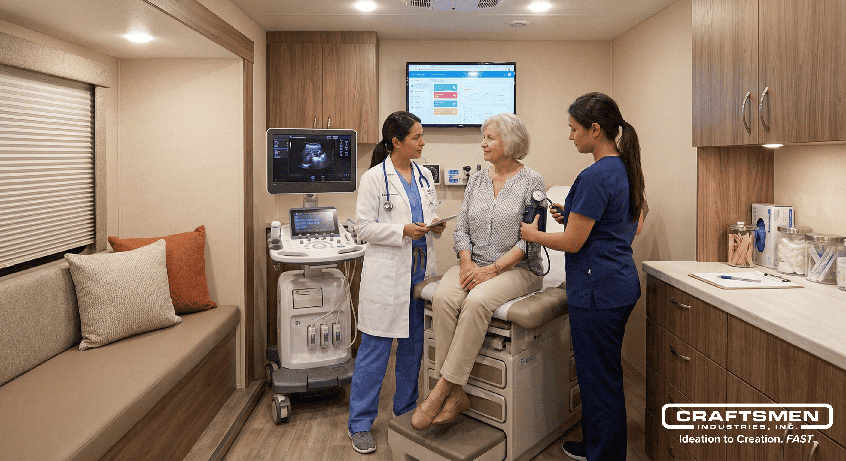 Interior of a mobile medical clinic with patient exam in progress