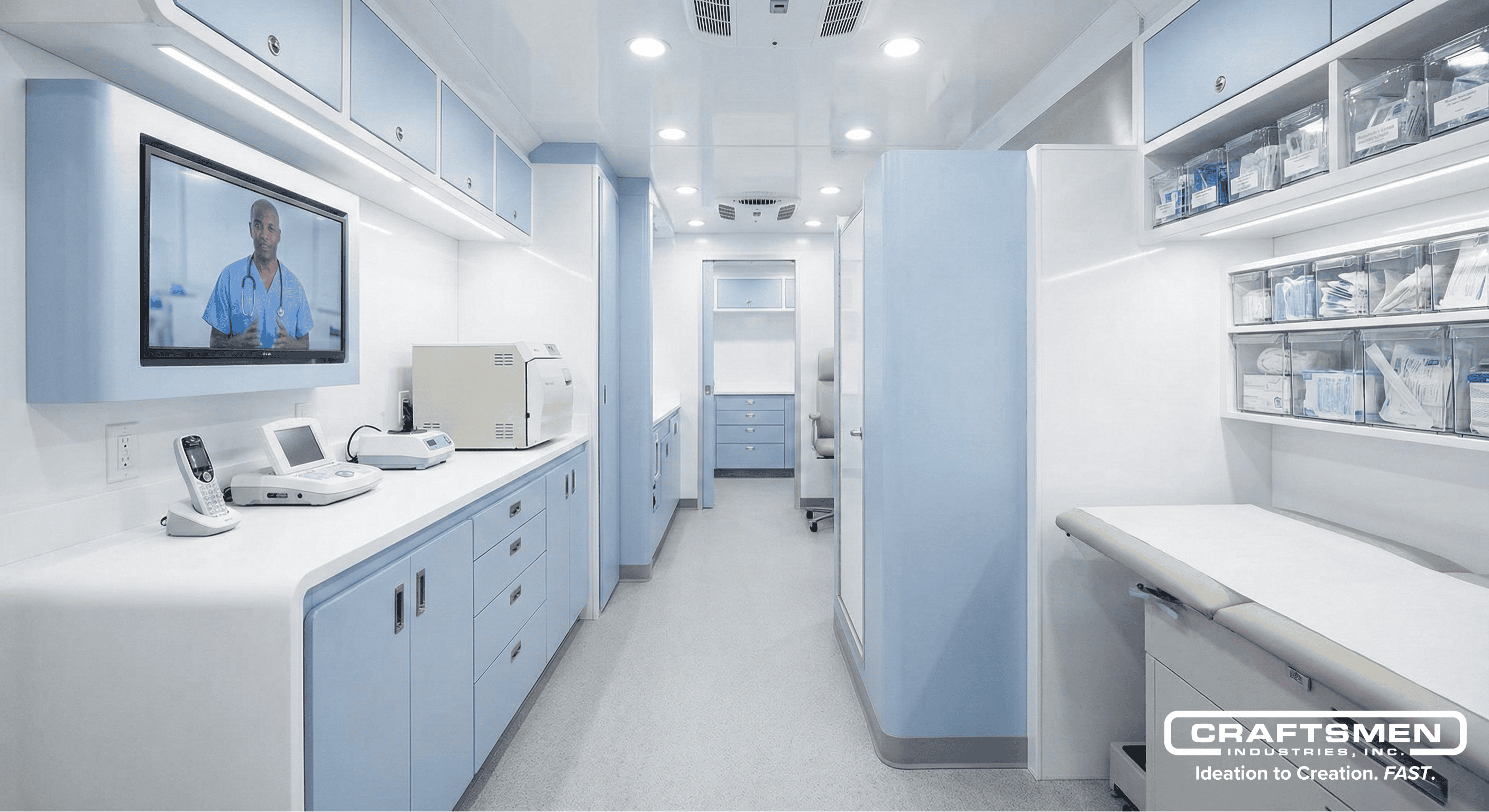 High-tech interior of a modern medical trailer with diagnostic equipment.