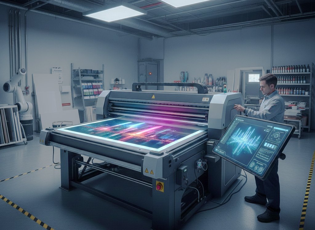 Advanced large-format printing technology using UV printers and AI-driven workflows for innovative, high-quality graphics.