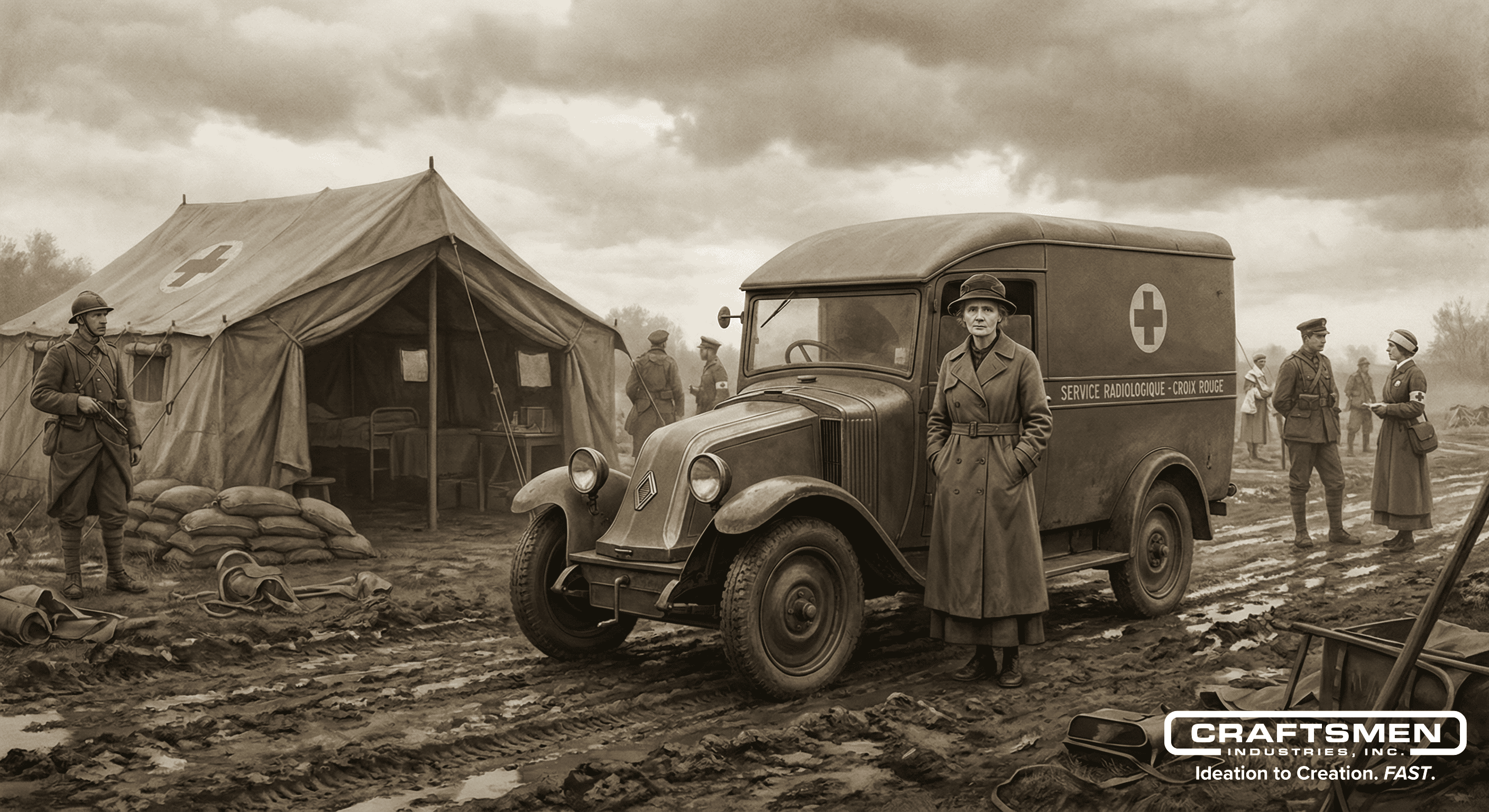 Marie Curie’s WWI mobile X-ray van on a battlefield.