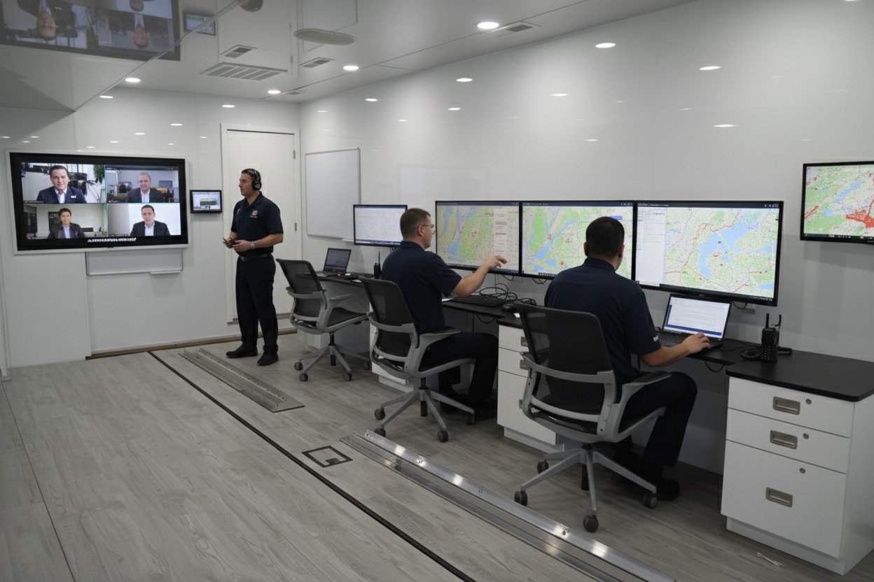 Disaster response team inside a Mobile Command Center using satellite and radio systems to maintain communication across agencies.