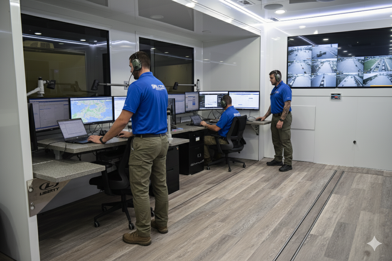 Ergonomic workspace inside a mobile command center with adjustable desks and seating to enhance productivity and reduce fatigue.