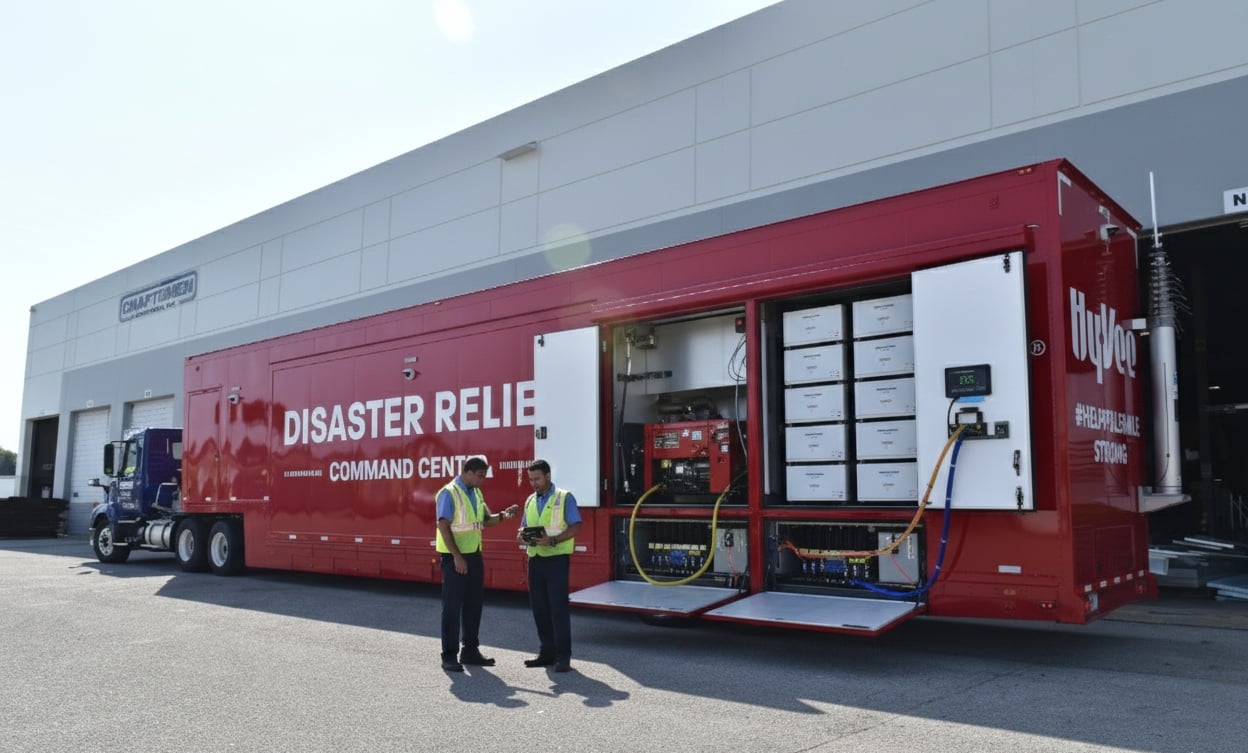 Mobile command center power setup with generator and lithium-ion battery banks for redundancy and uninterrupted operation.