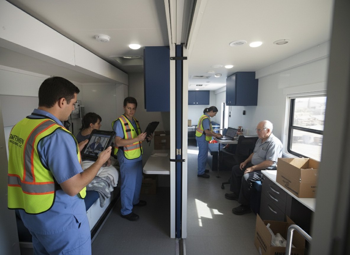 Mobile medical unit inside a Mobile Command Center providing triage, telemedicine, and emergency care during a disaster response.