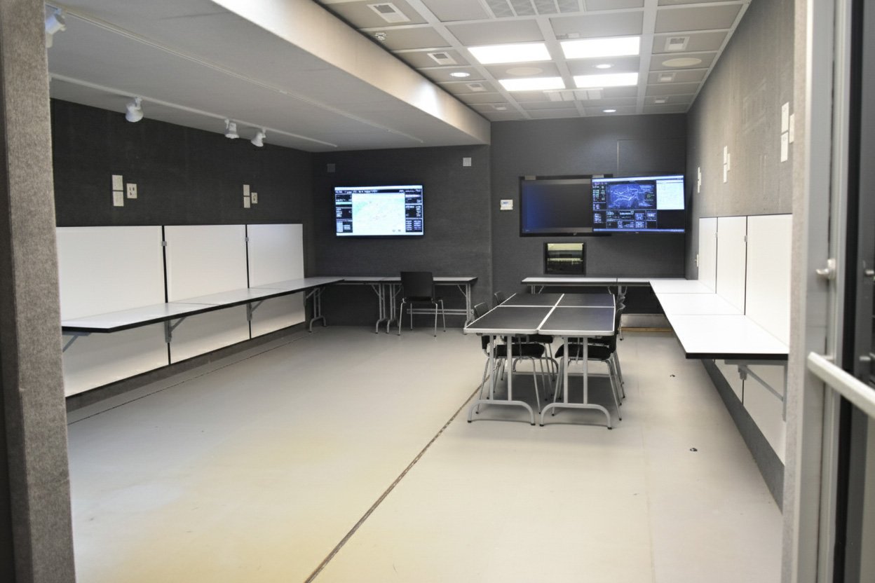 Mobile command center with modular and space-efficient office layout featuring foldable desks, collapsible tables, and hidden storage.