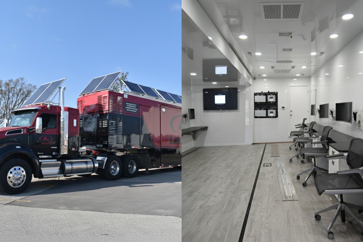 Solar panels and hybrid generators integrated into a mobile command center, reducing fuel use and emissions.