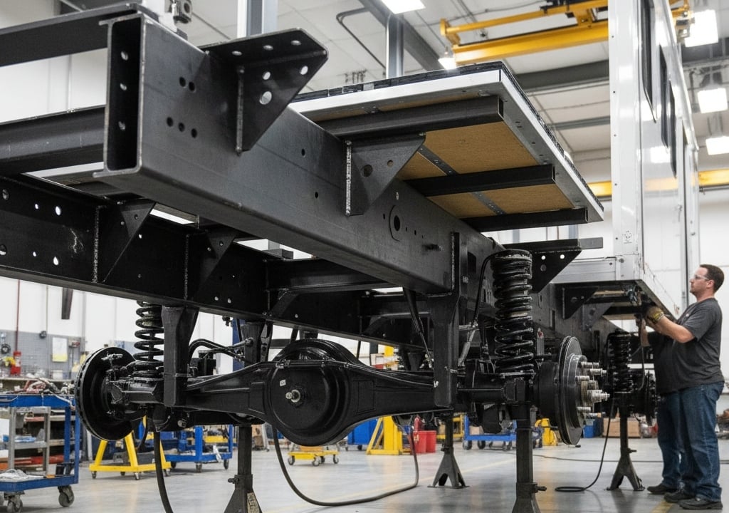 High-strength steel chassis rails providing load-bearing support for mobile command center