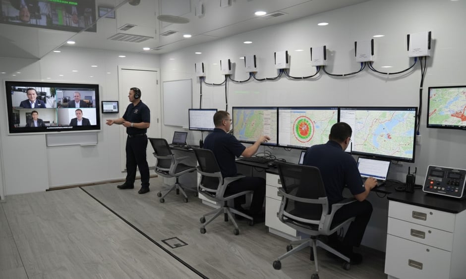 Emergency team inside a Mobile Command Trailer restoring communication through satellite, radio, and LTE systems after a natural disaster.