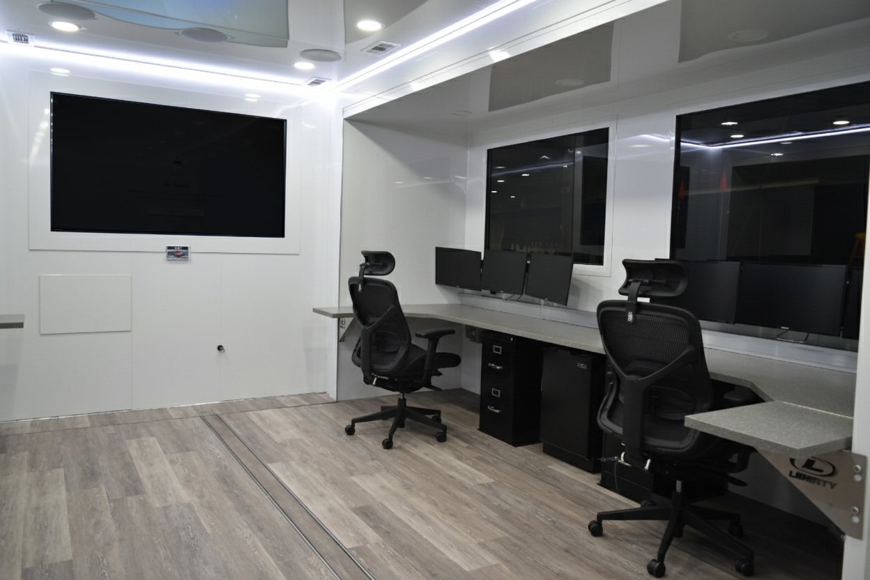 Ergonomic seating in a mobile command vehicle with lumbar support, vibration-resistant materials, and adjustable armrests.