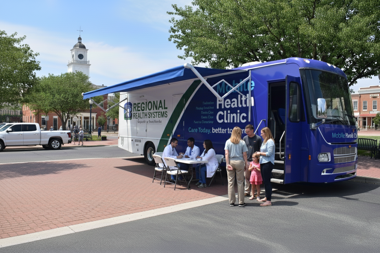 Mobile medical vehicle delivering primary care services in a rural community.