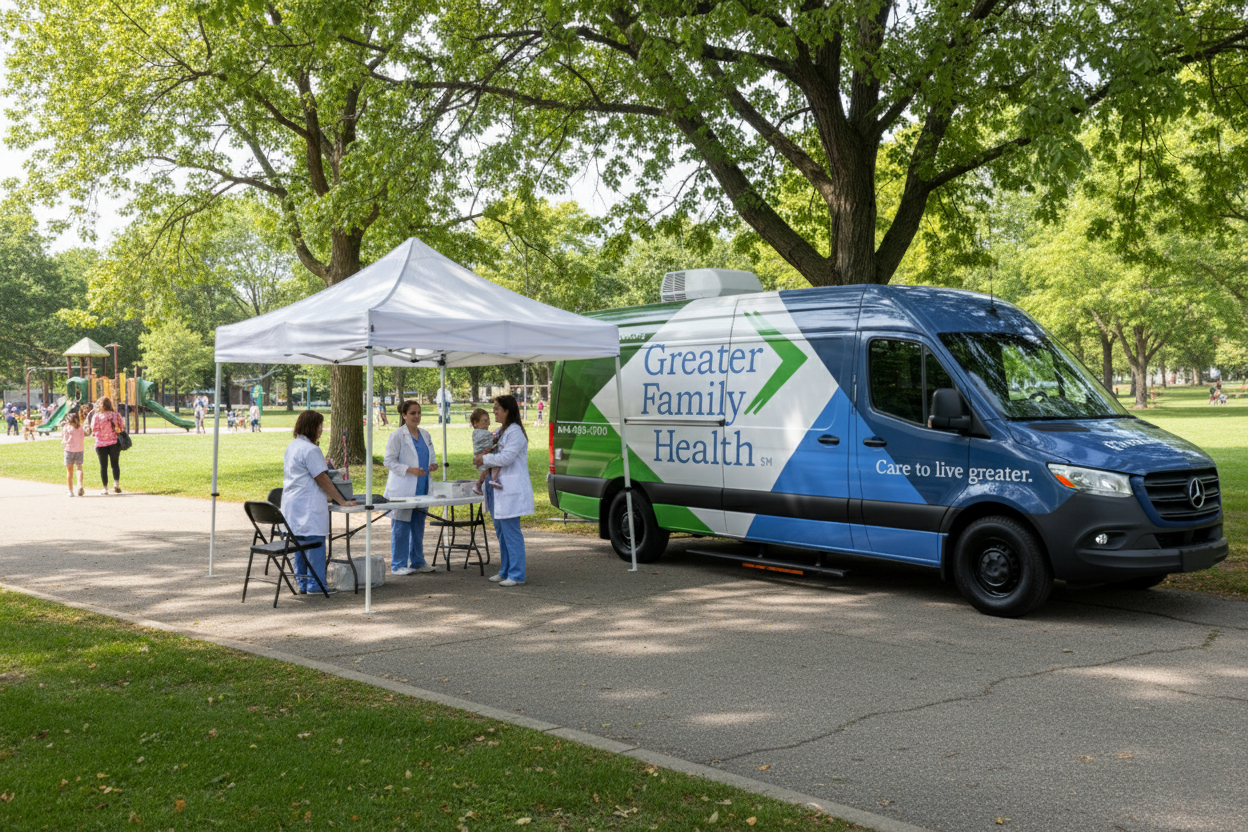 Medical van providing basic health screenings in a community outreach program.