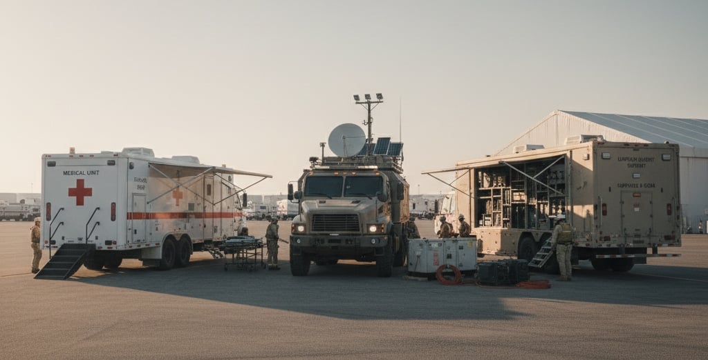  Medical, command, and logistics disaster response trailers in coordinated operation