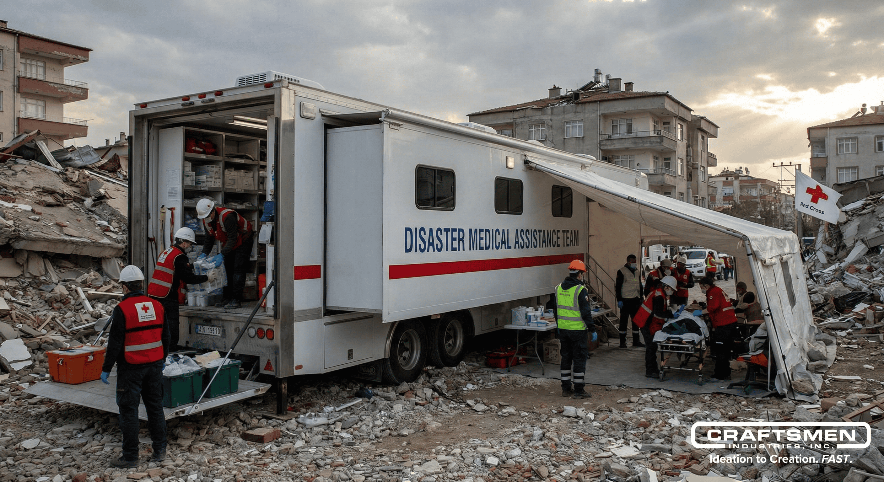 Medical trailer deployed in disaster zone with emergency response team.