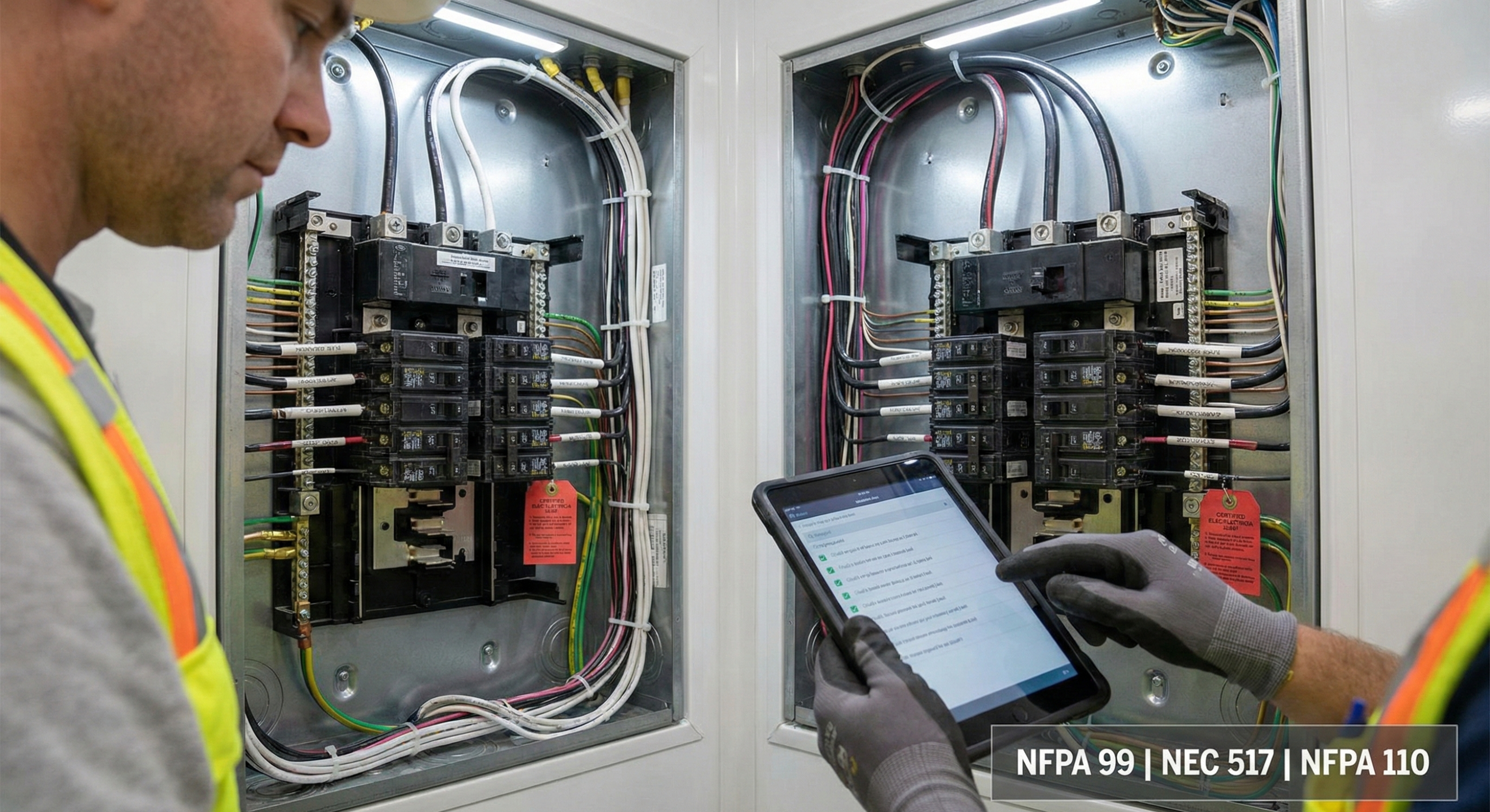 Technician inspecting electrical panel in a medical trailer for compliance standards.