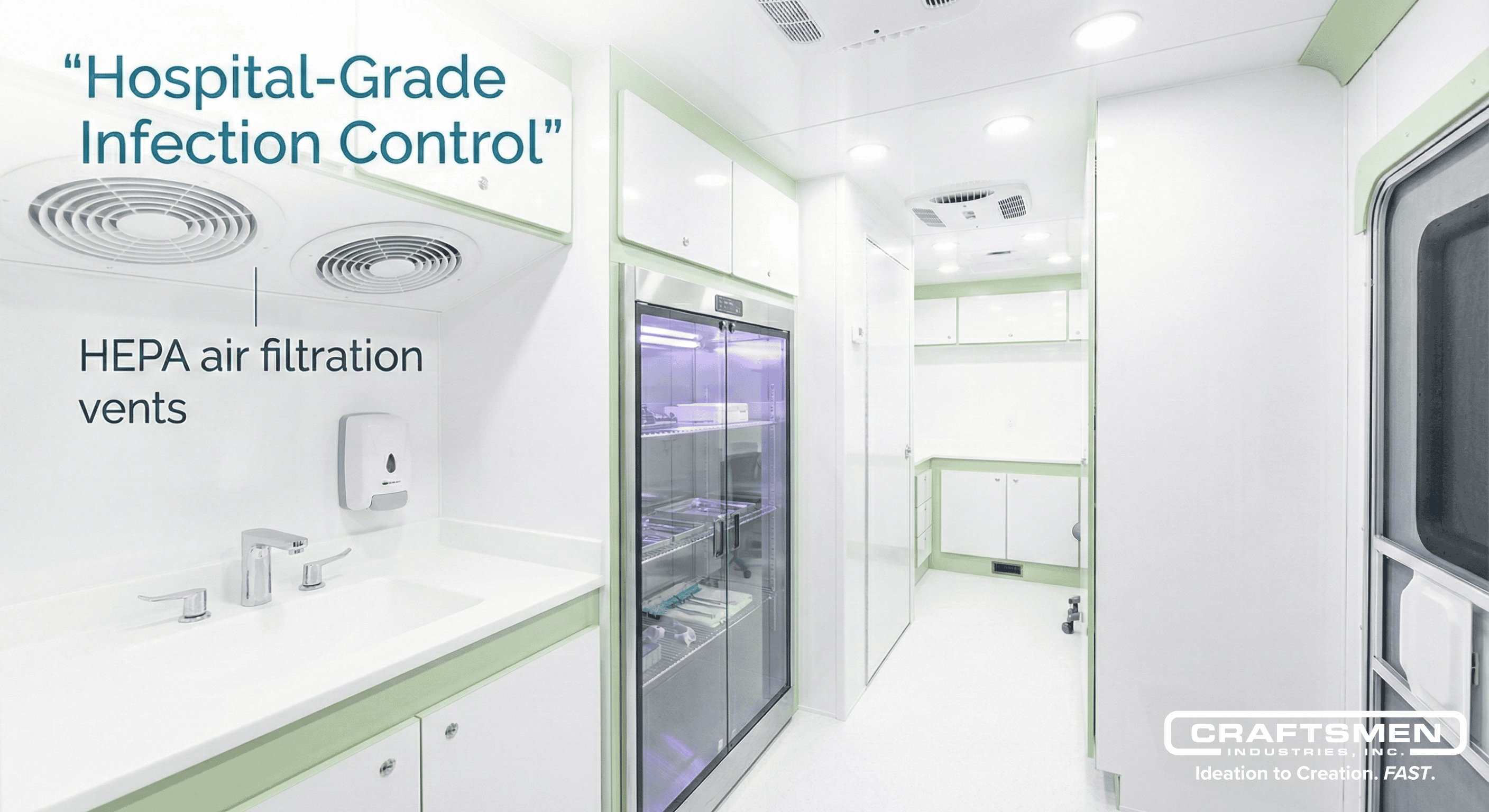 Interior of medical trailer with HEPA ventilation and hands-free sanitation features