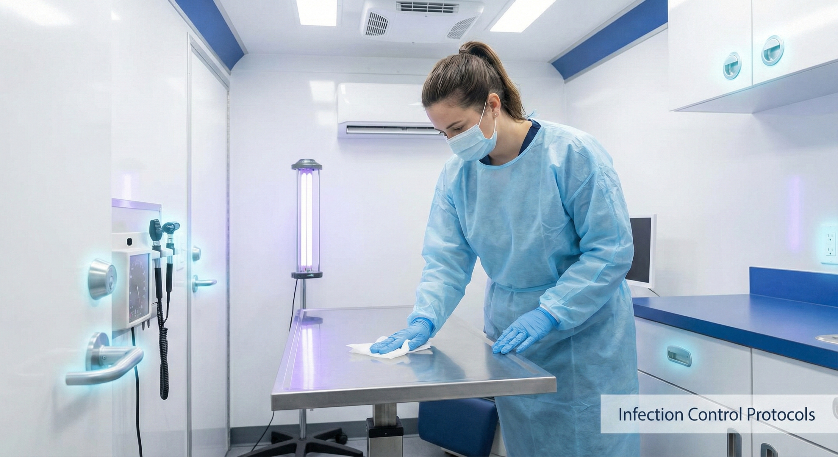 Healthcare worker disinfecting interior of a medical trailer exam room.
