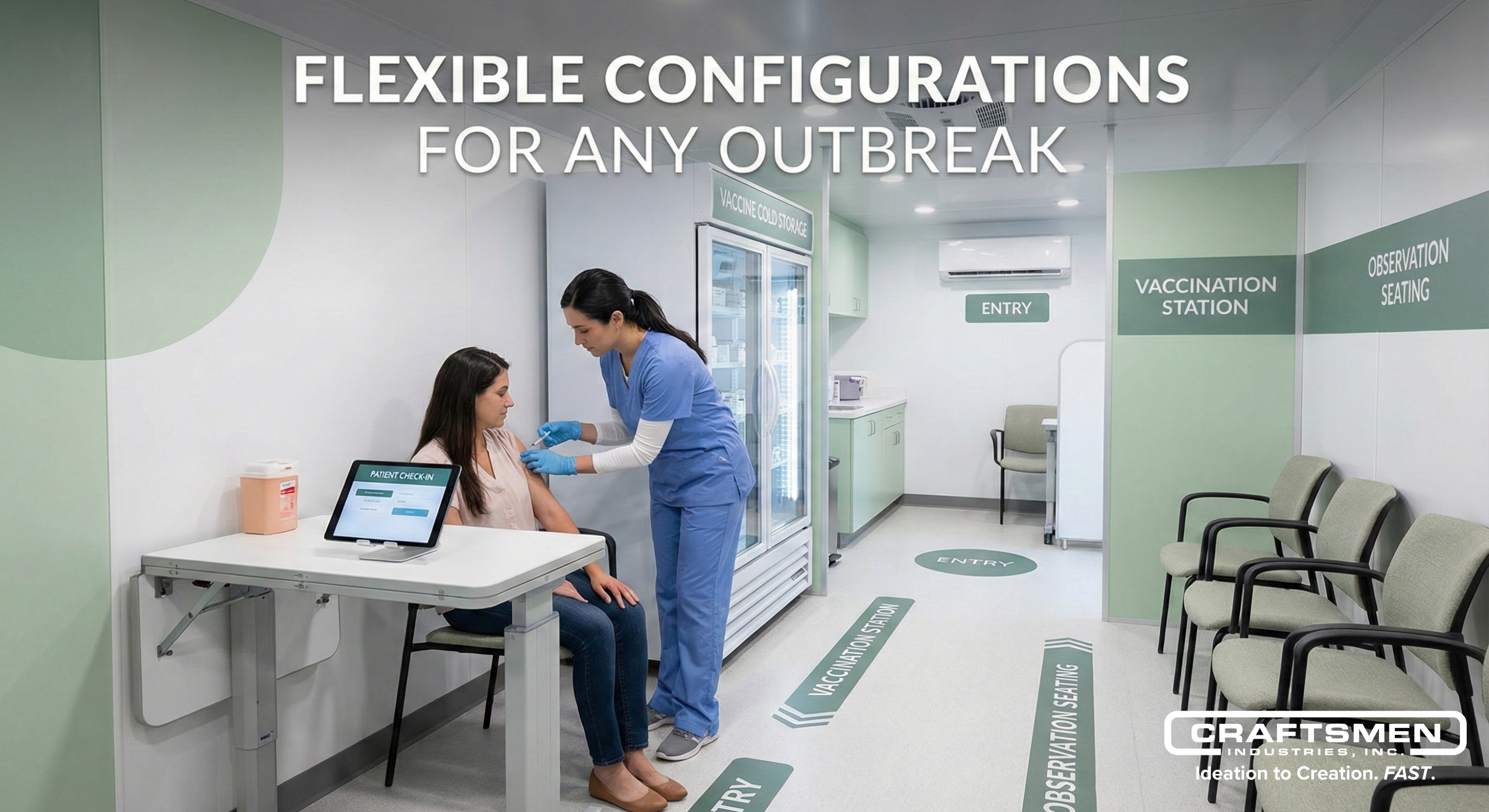 Interior of a medical trailer configured as a mobile vaccination clinic.