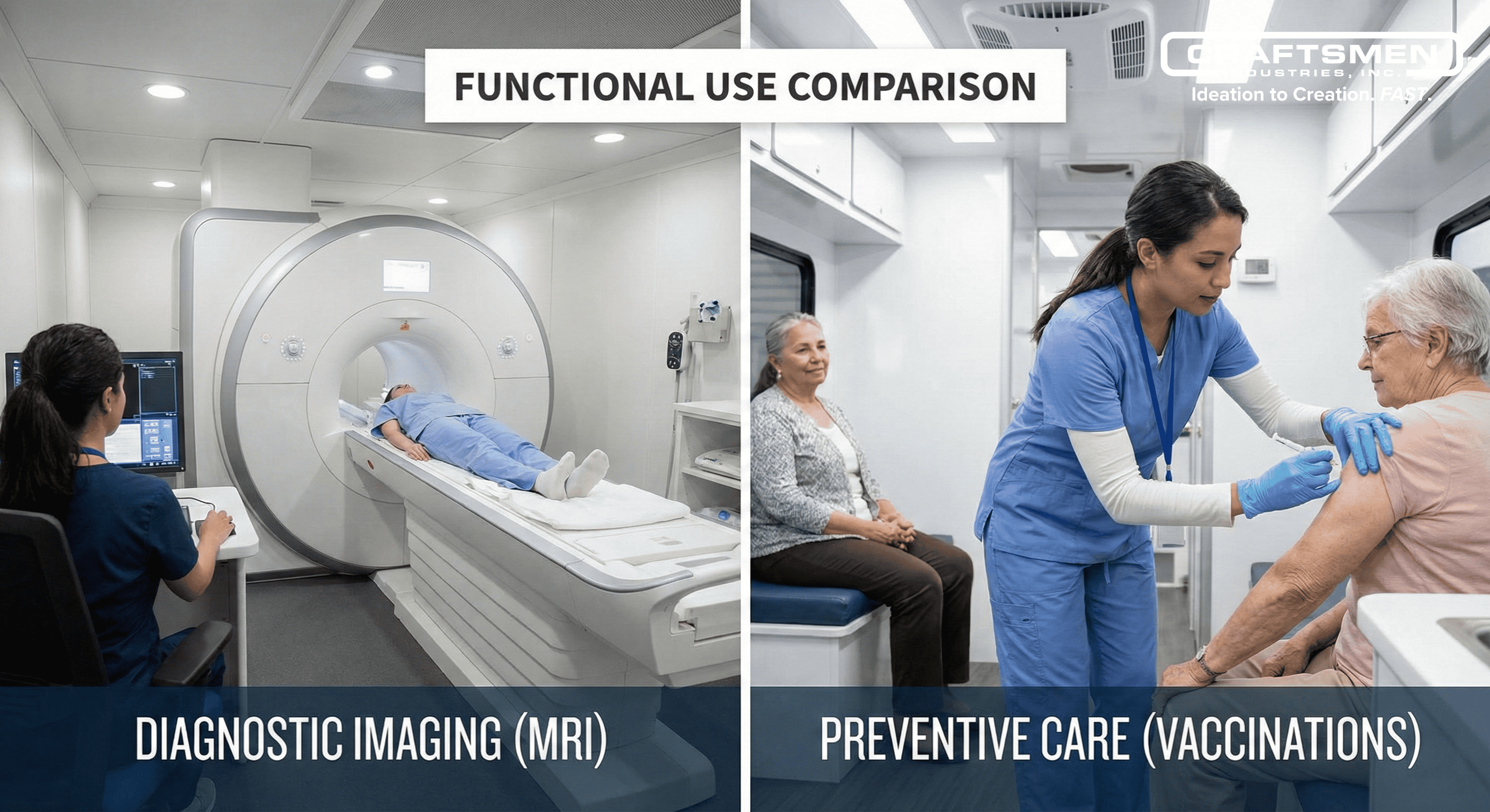 Medical trailer being set up with support systems vs mobile clinic ready to serve upon arrival.