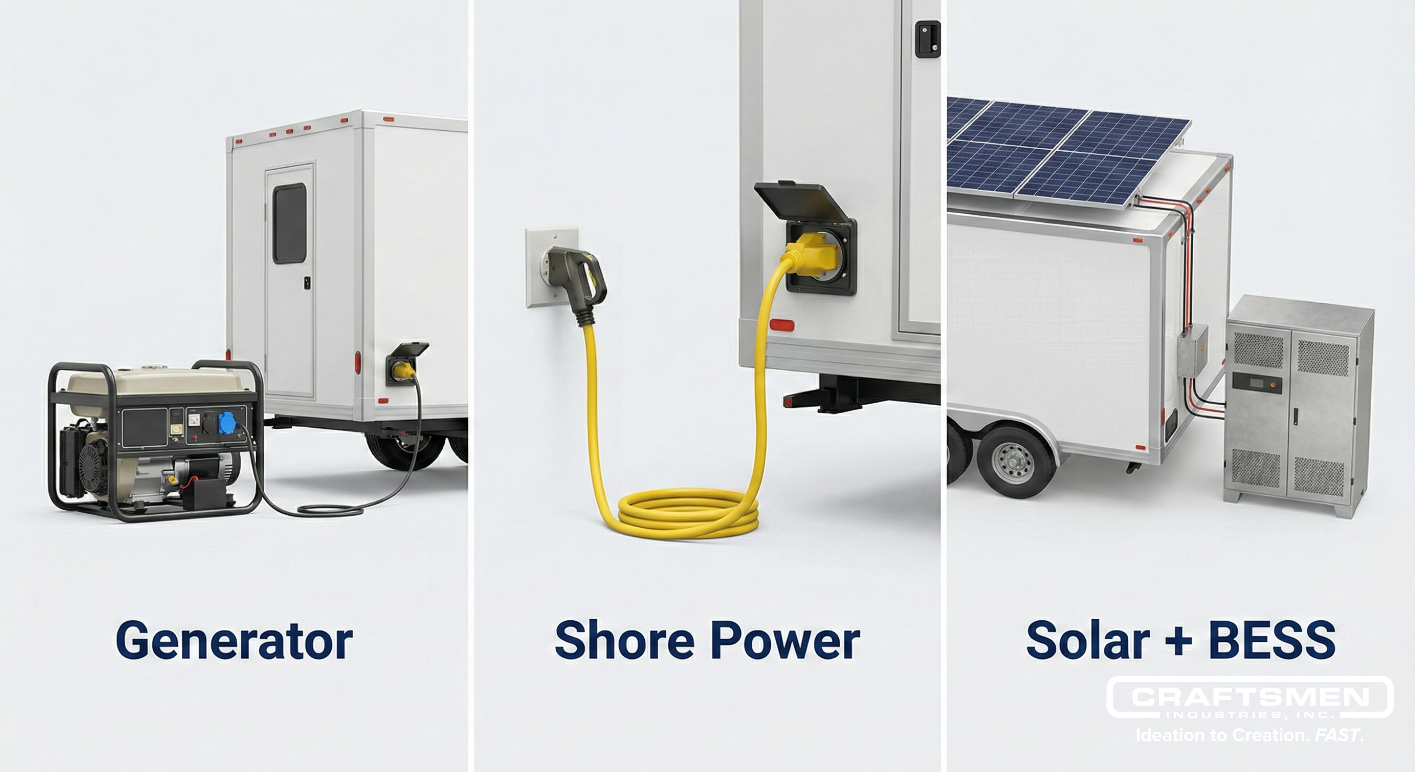 Comparison of generator, shore power, and solar systems used in medical trailers.