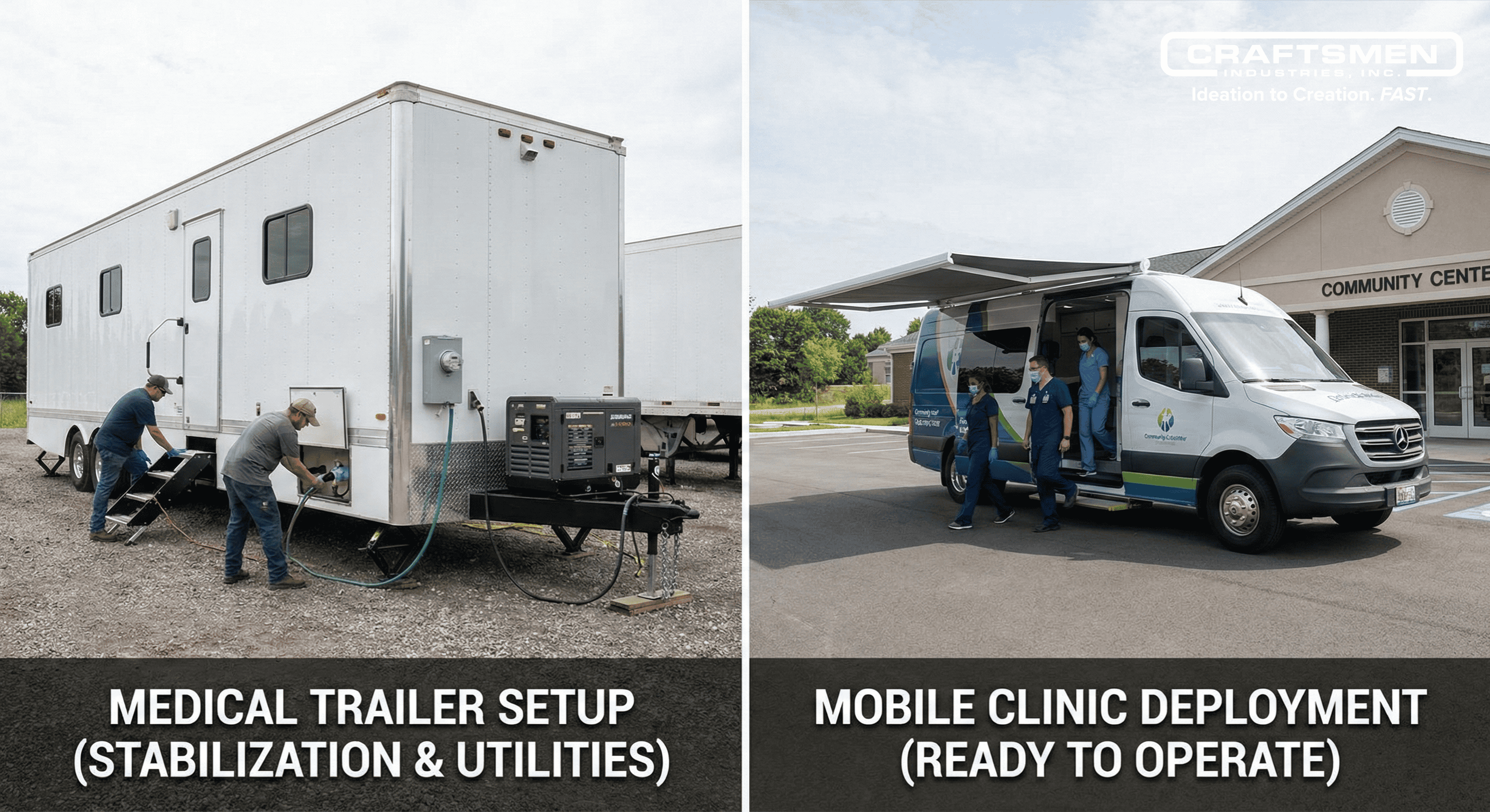 Medical trailer being set up with support systems vs mobile clinic ready to serve upon arrival.