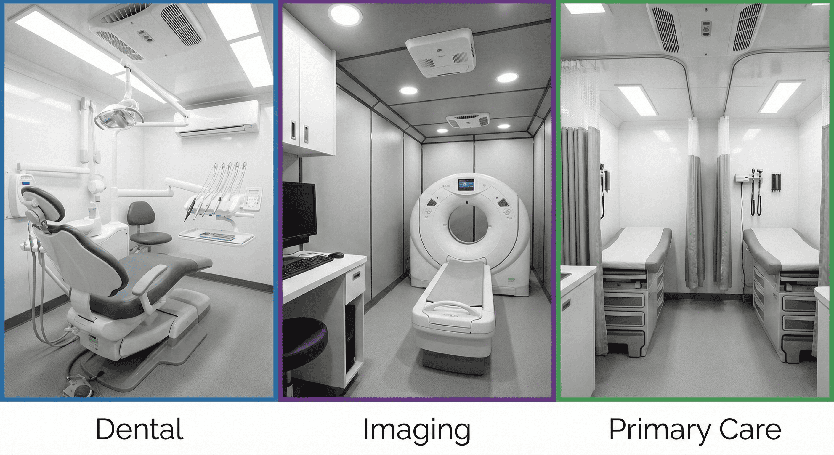 Different specialty configurations inside mobile medical trailers.