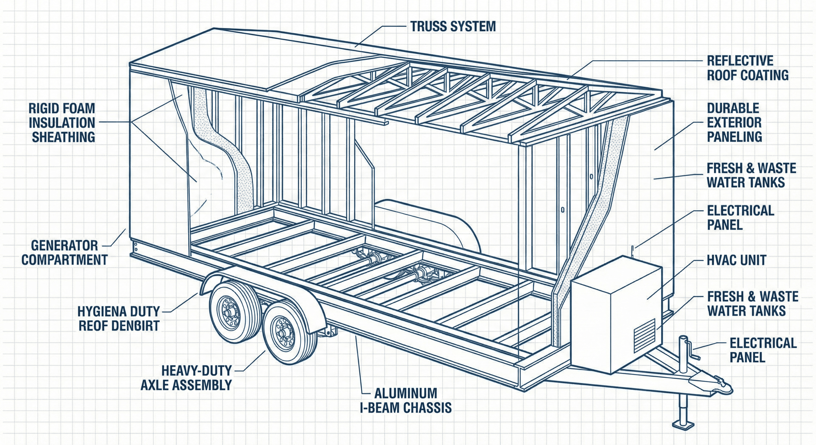 Diagram of medical trailer construction showing frame, insulation, and lift systems.