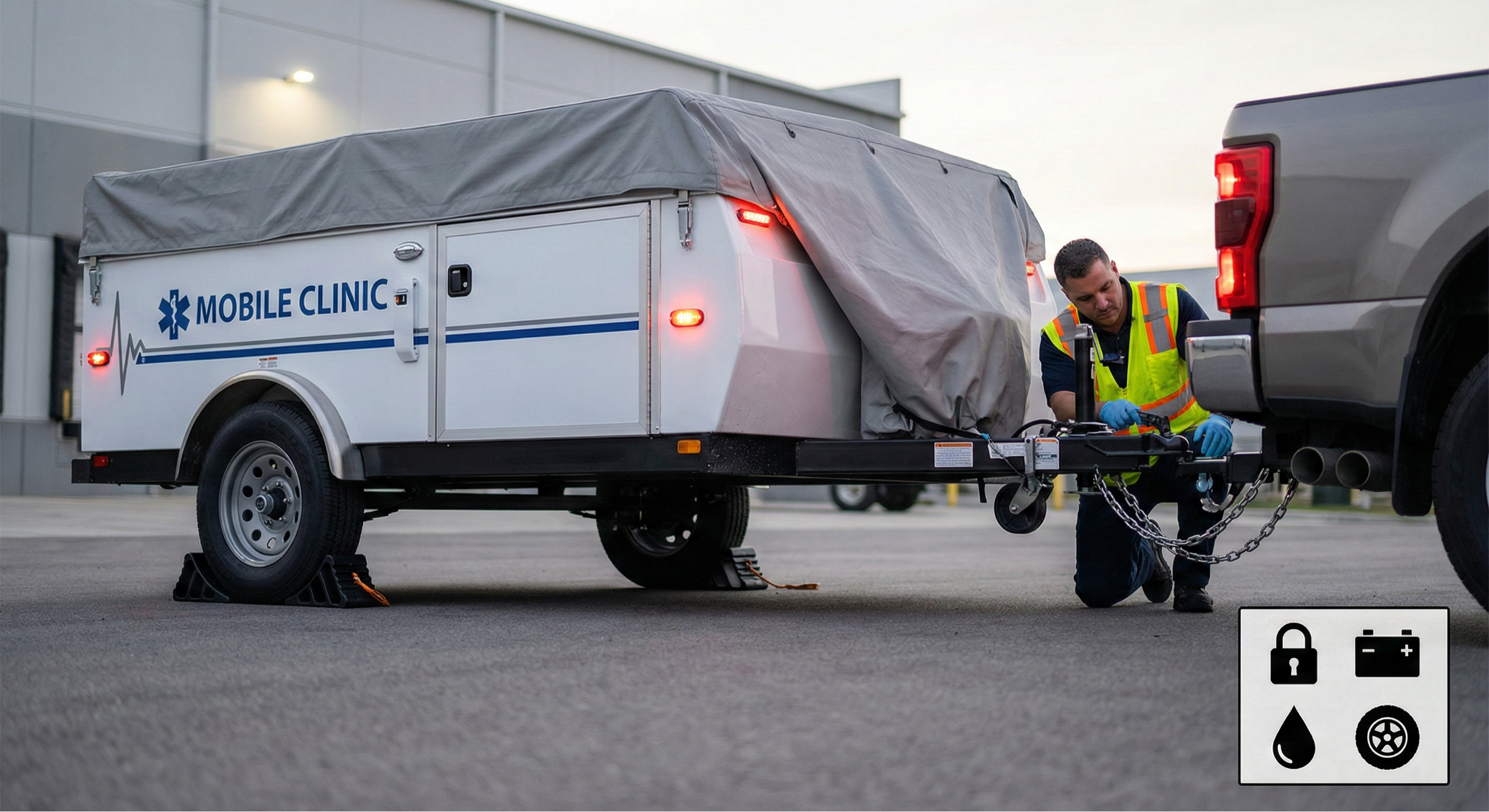 Medical trailer secured and prepared for transport with safety checks visible.