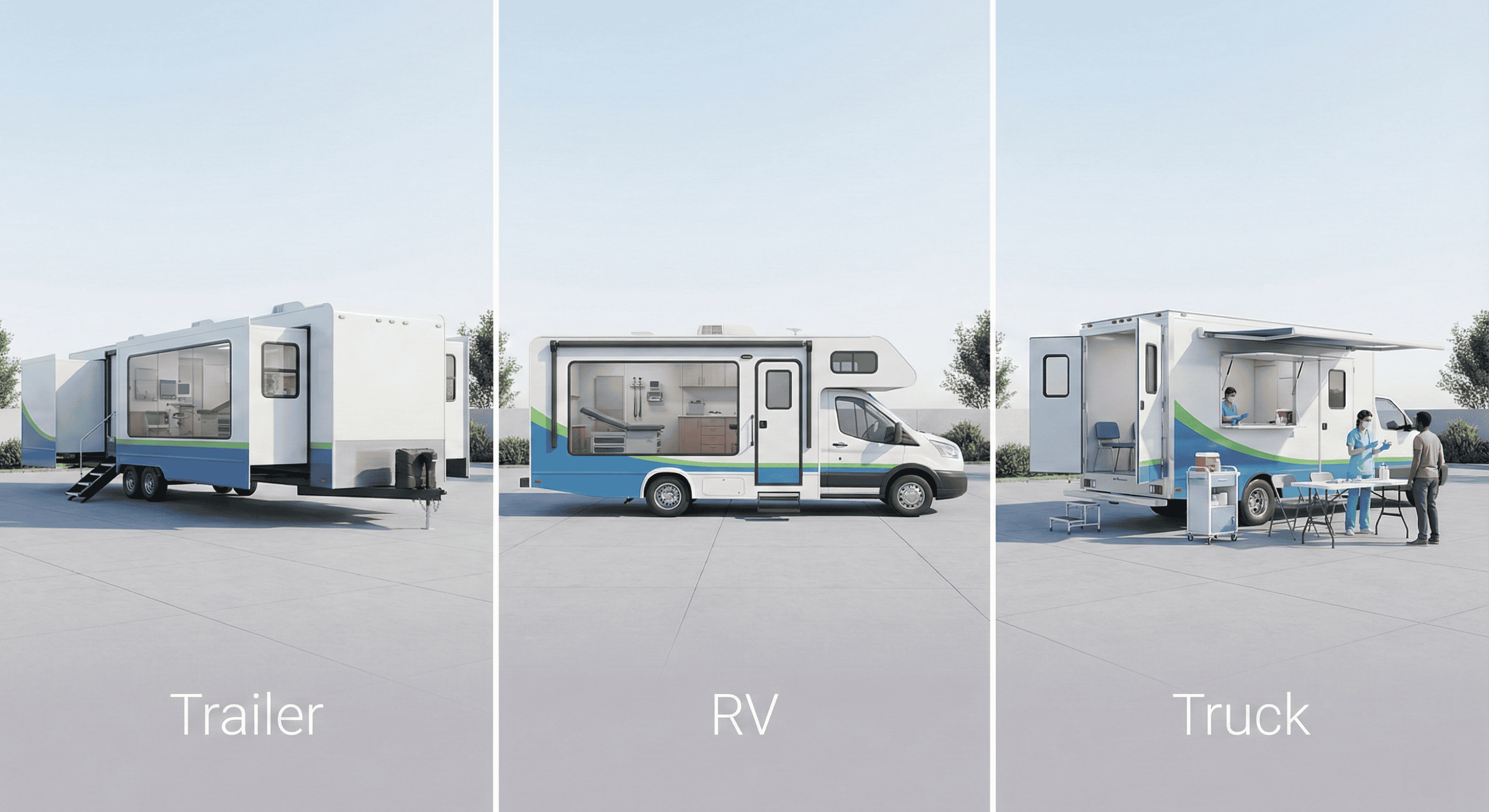Comparison of towable medical trailer, medical RV, and mobile medical truck units