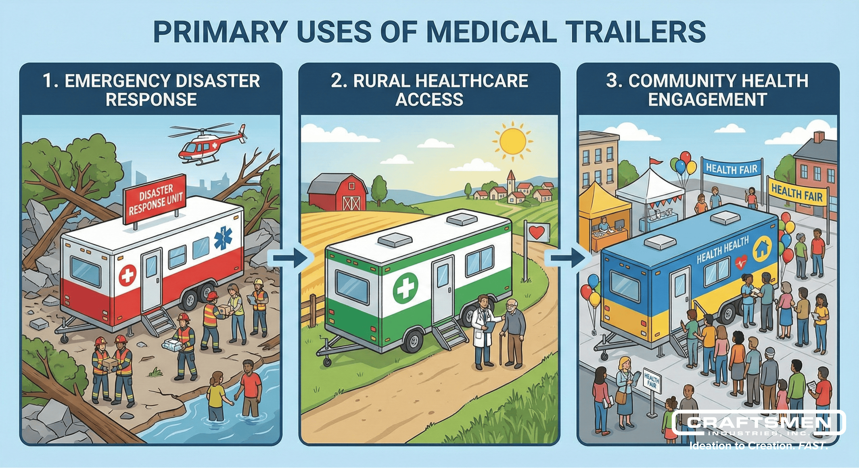 Infographic showing medical trailers used in emergency, rural, and community health scenarios