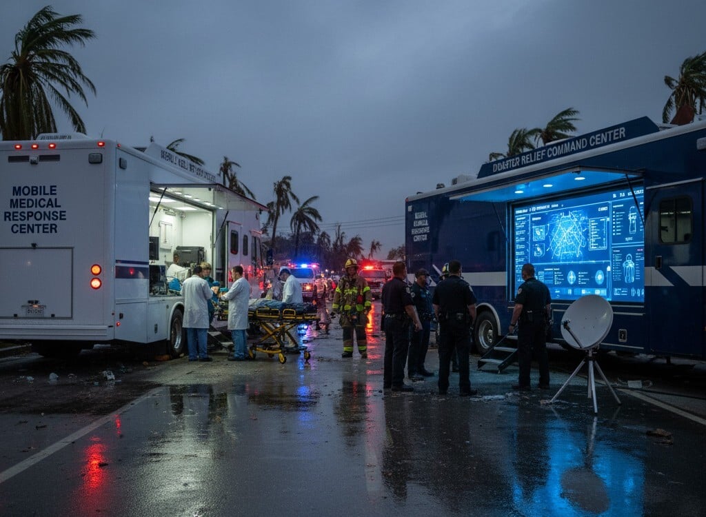 Mobile Medical and Command Units collaborating in real-time disaster response, coordinating patient care and resource deployment.