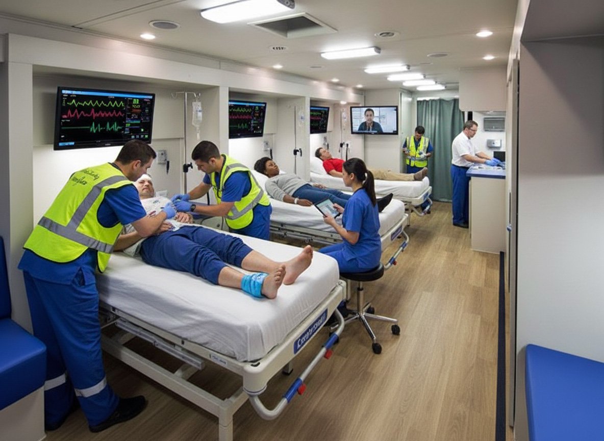 Medical team inside a Mobile Medical Unit providing emergency care and telemedicine consultations in a disaster-affected area.
