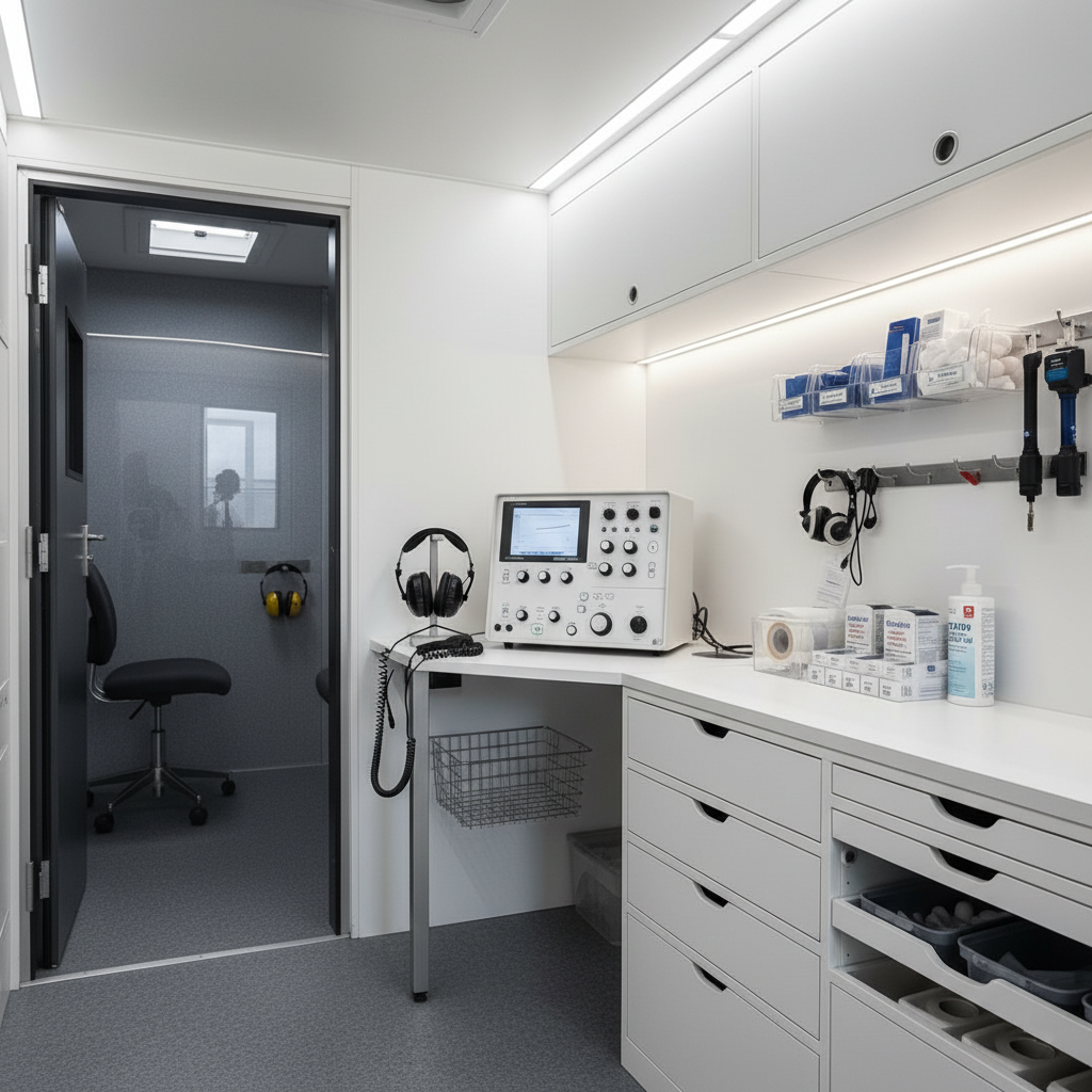 Interior of a mobile audiometric testing unit with soundproof booth and calibrated audiometry equipment.