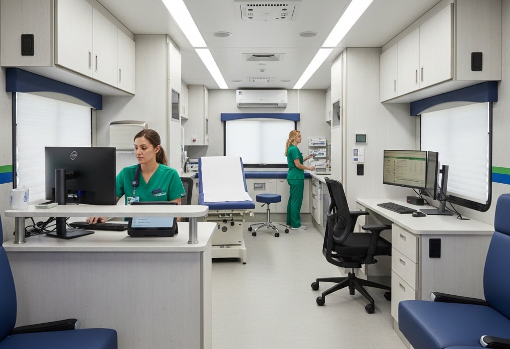 Mobile clinic interior patient flow with smart zoning and ergonomic design