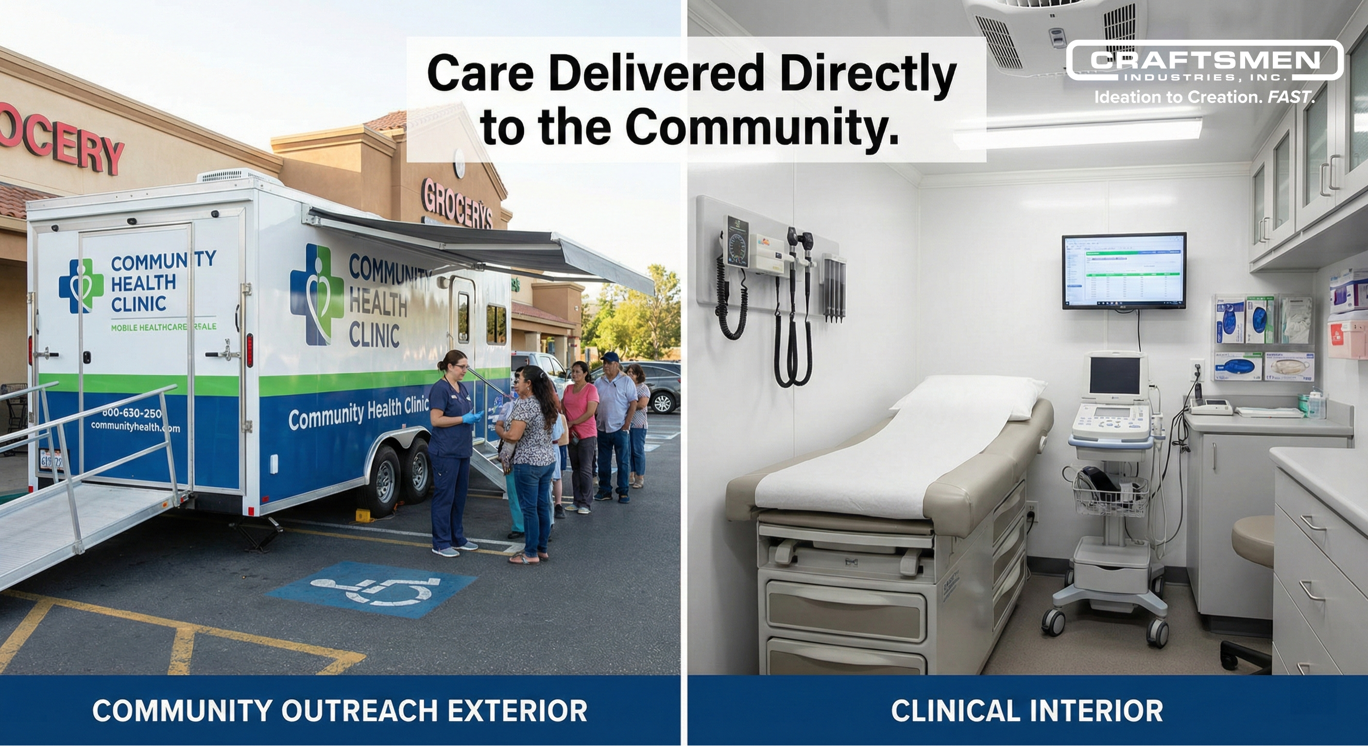 Interior exam room of a mobile clinic and exterior view parked at a community location.