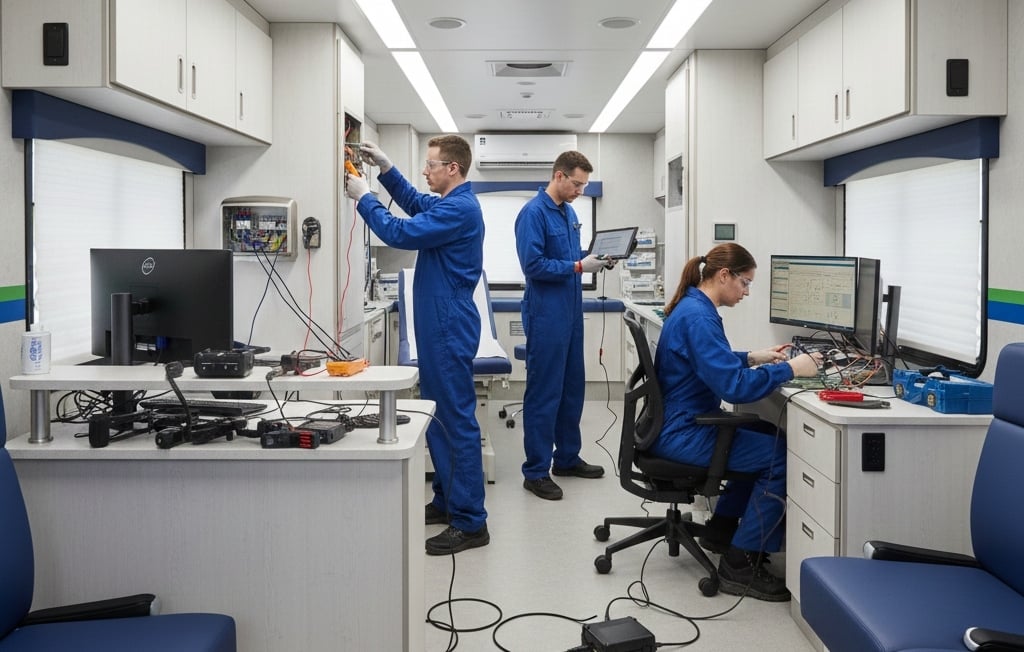 Mobile clinic quality assurance testing: vibration, electrical, and system calibration