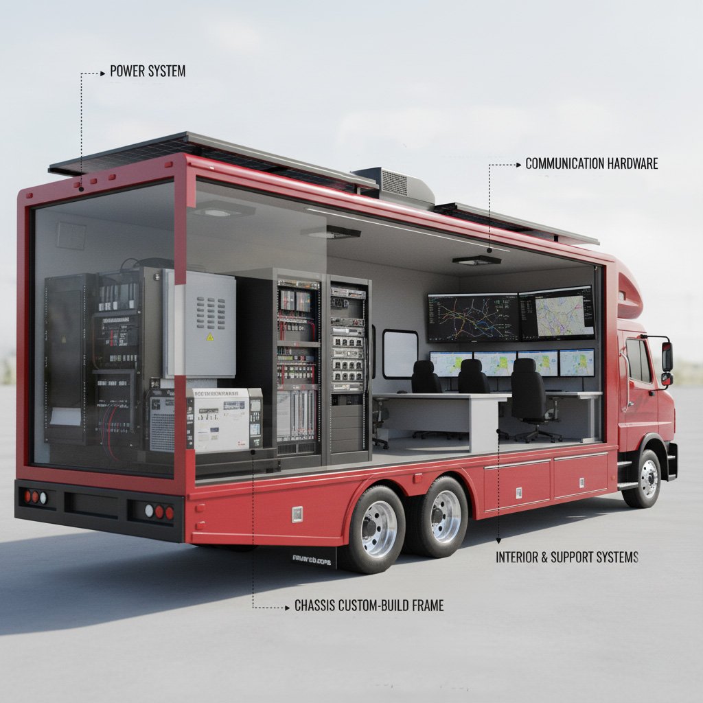 Detailed view of mobile command center components, including chassis, power systems, and communication hardware, showing how each element contributes to total project cost.