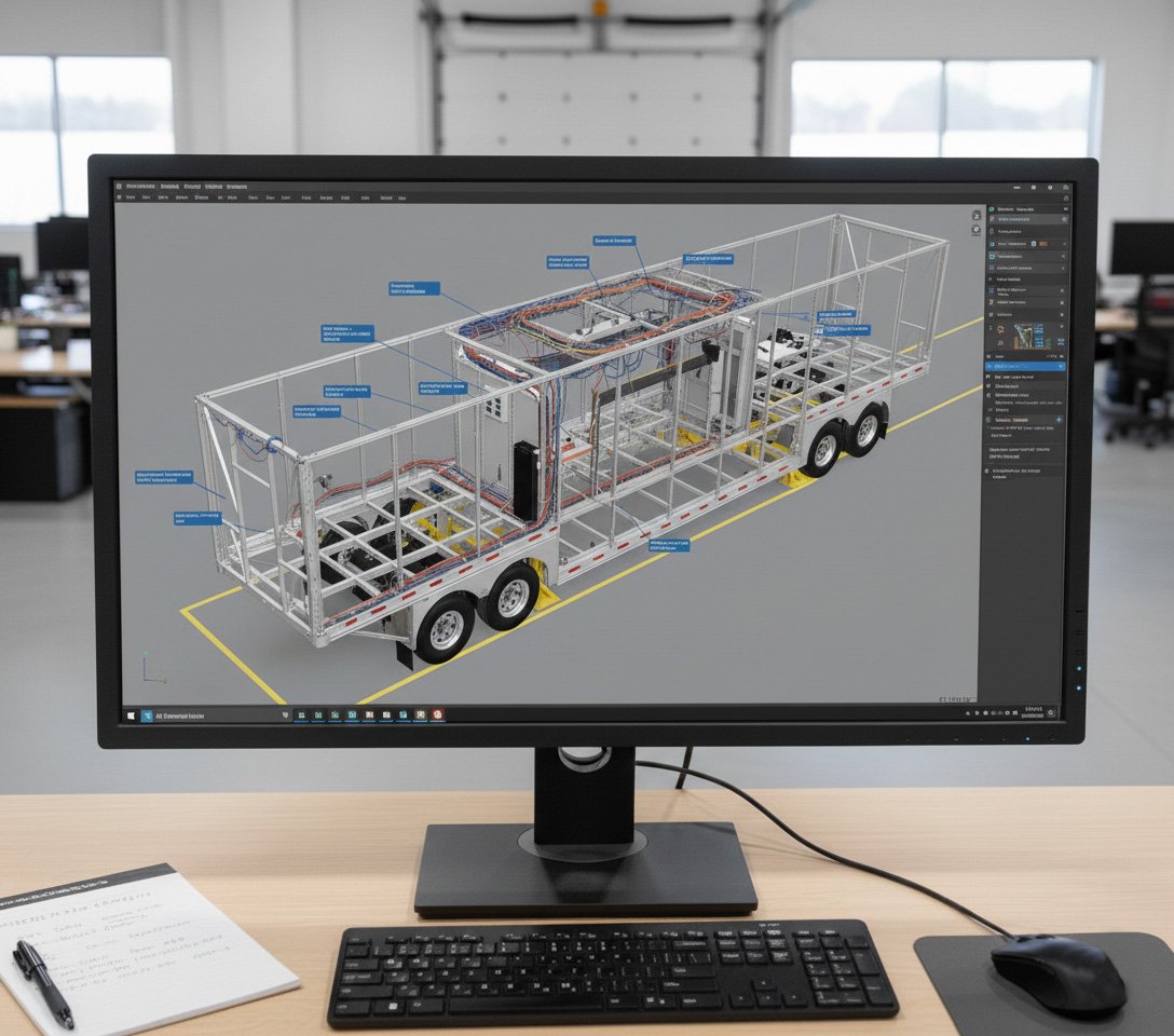 Fabrication and interior layout view of a mobile command center during the engineering phase, showing modular work areas, wiring infrastructure, and equipment mounting configurations for emergency use.