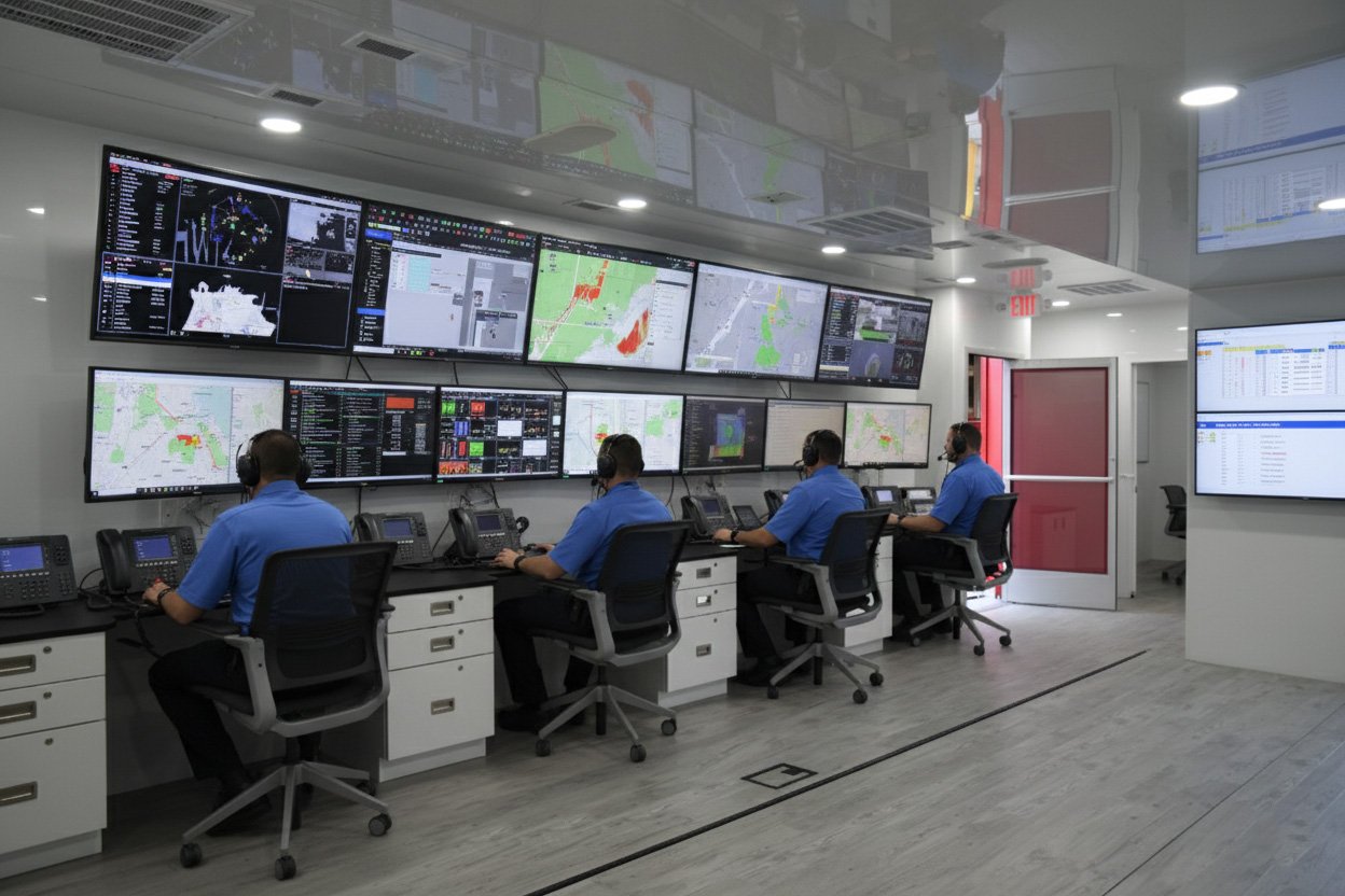 Interior view of a mobile command center featuring multiple workstations, integrated screens, and control consoles illustrating real-time communication and data coordination setup.