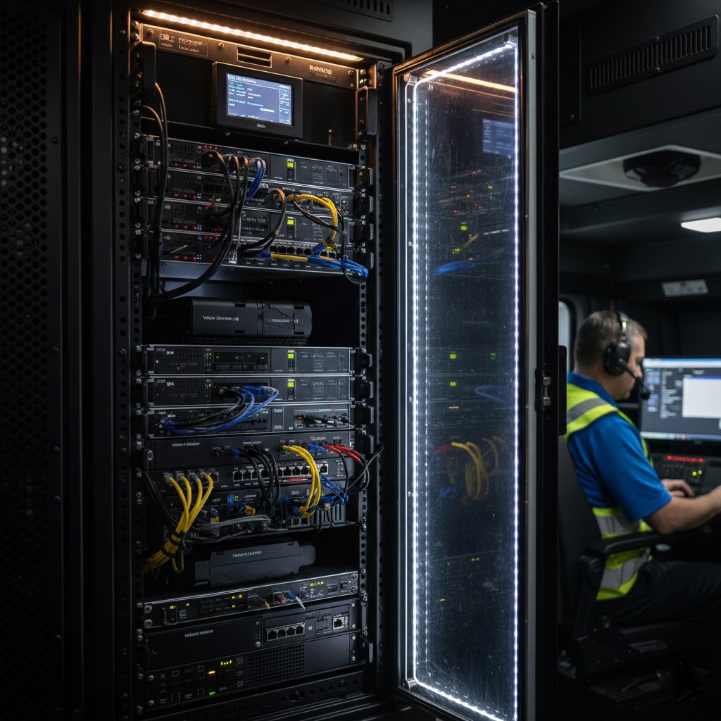 Interior rack of communication and surveillance systems inside a mobile command unit, highlighting how technology integration influences cost and performance.