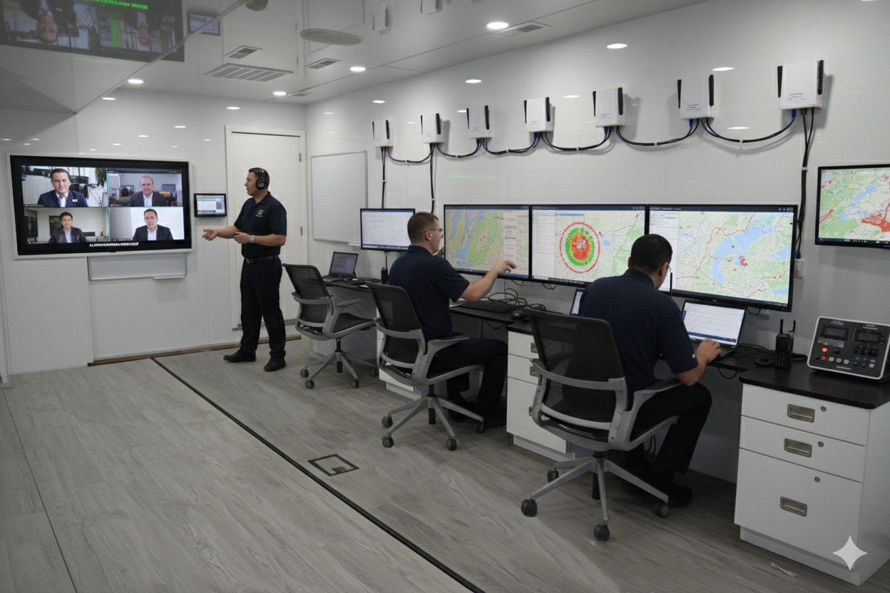 Interior technology systems of an MCC with communication racks, power infrastructure, and digital displays connected through fiber-optic cabling for real-time monitoring and control.