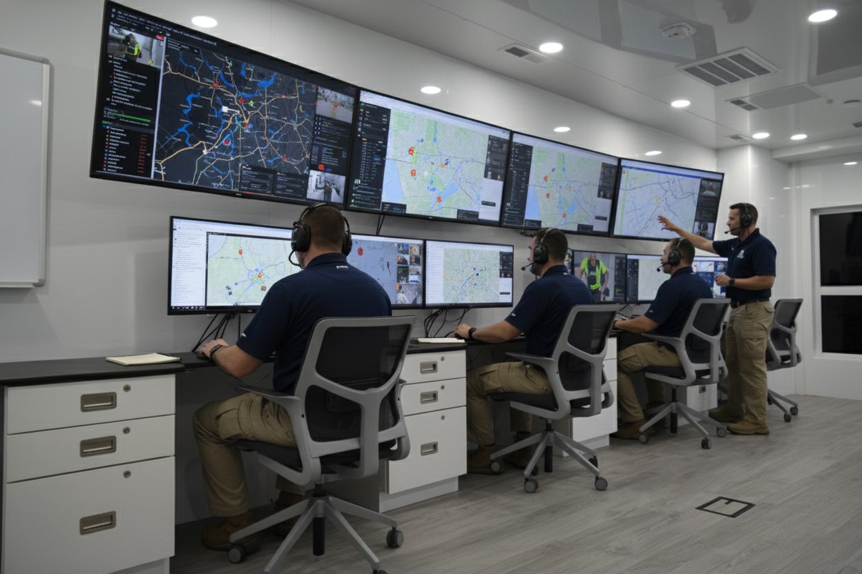 Inside a mobile command center during a disaster response, with personnel using GIS and communication systems for multi-agency coordination.