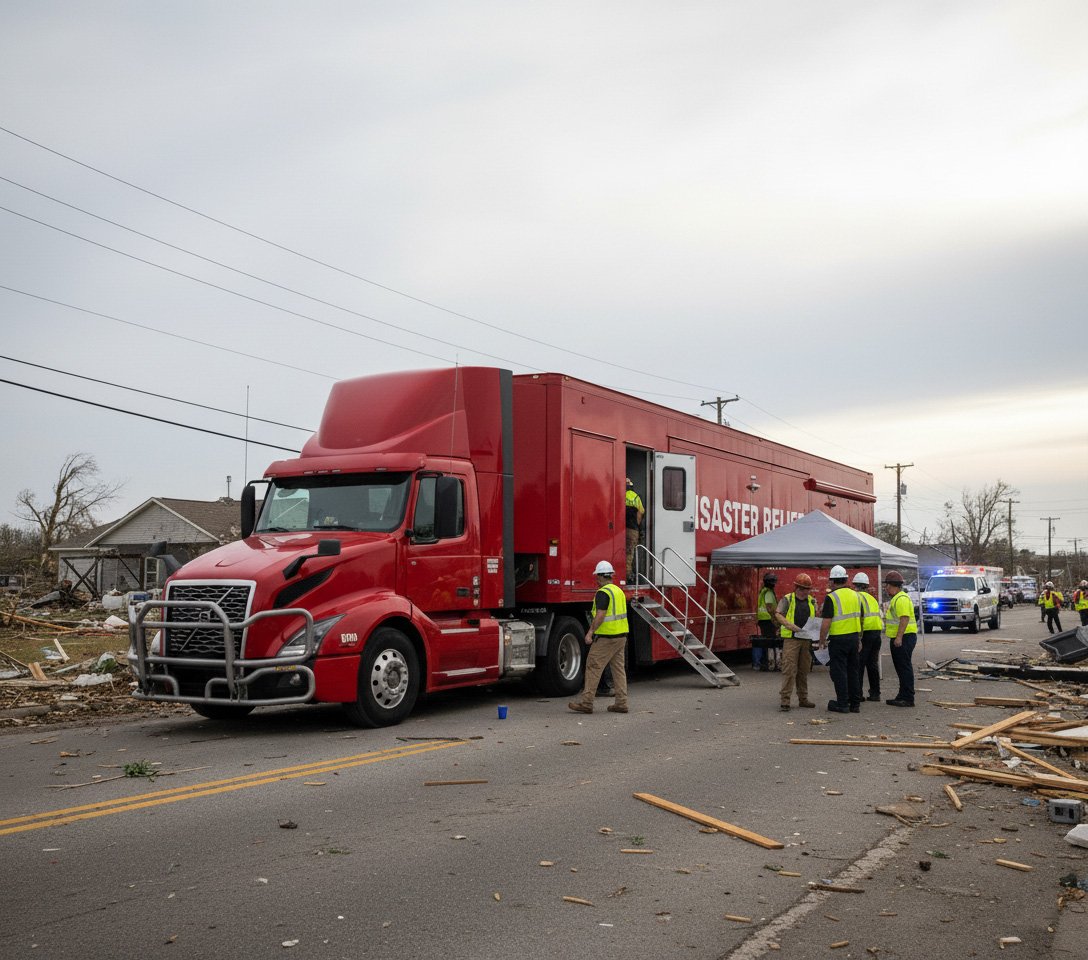 Mobile command center managing security and communications during a corporate event or disaster response scenario.