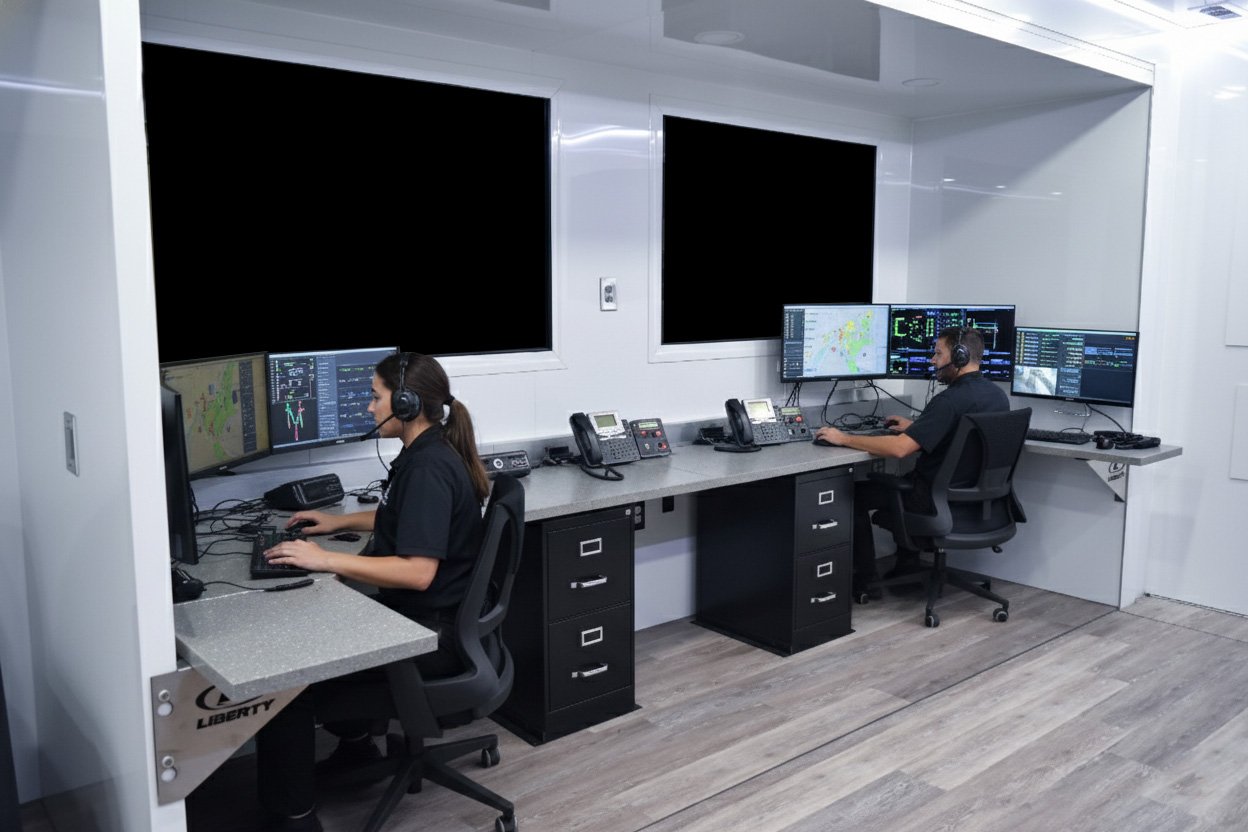 Interior of a mobile command center with advanced workstations and real-time data dashboards for field operations.