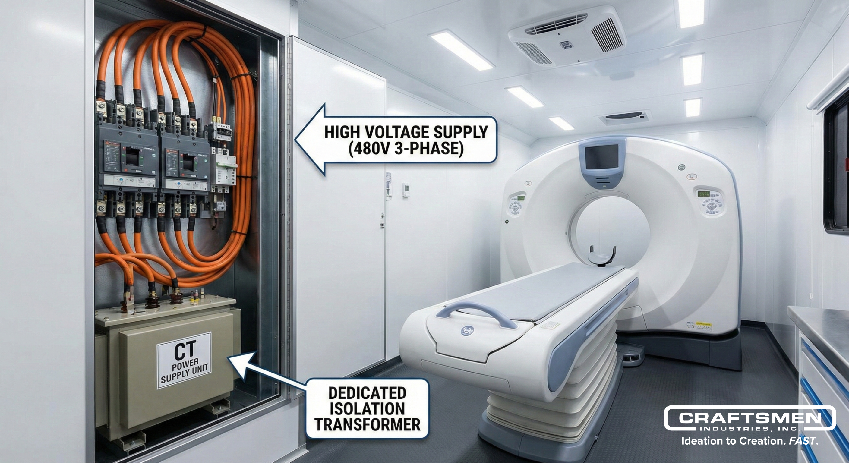 CT scanner inside a mobile imaging trailer with dedicated electrical system components.