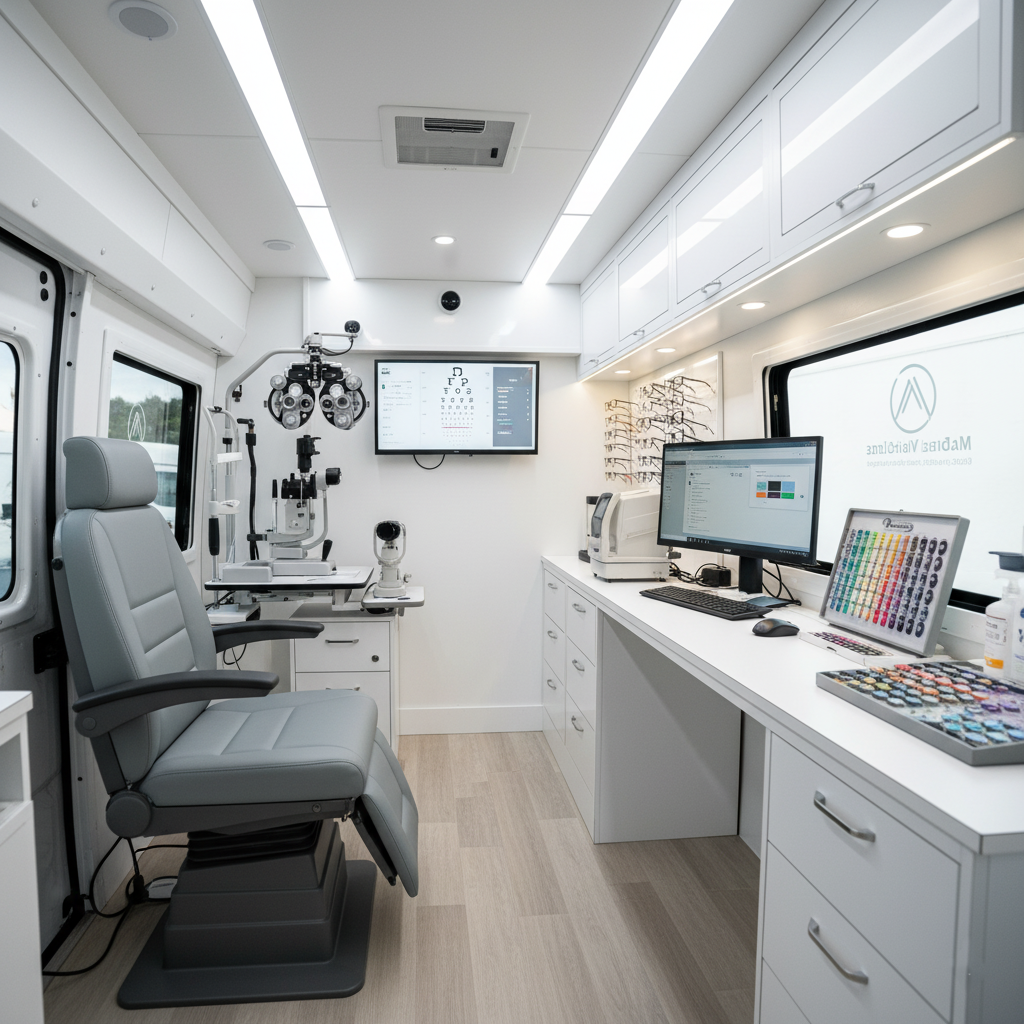 Interior of a mobile eye clinic showing diagnostic equipment, exam chair, and optical workspace.