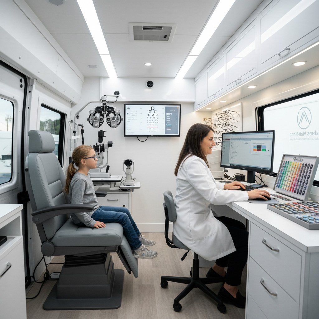 Mobile eye clinic technician performing vision screening for a child, with eyeglasses available on-site.