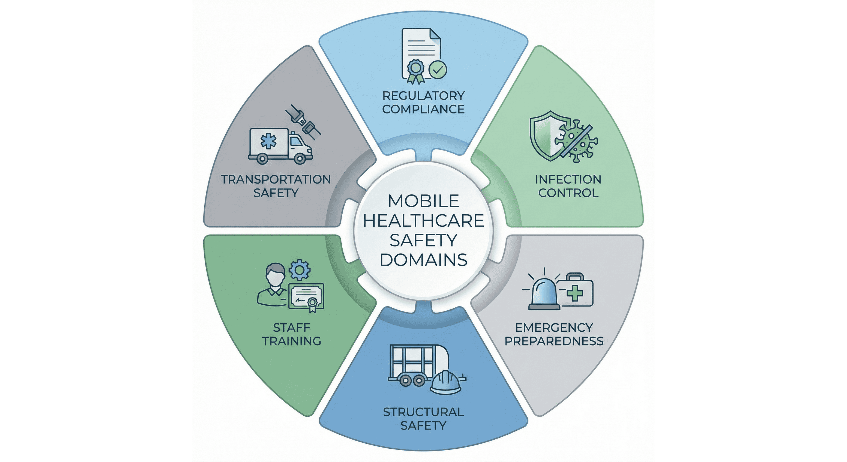 Infographic showing six key safety domains in mobile medical trailers.