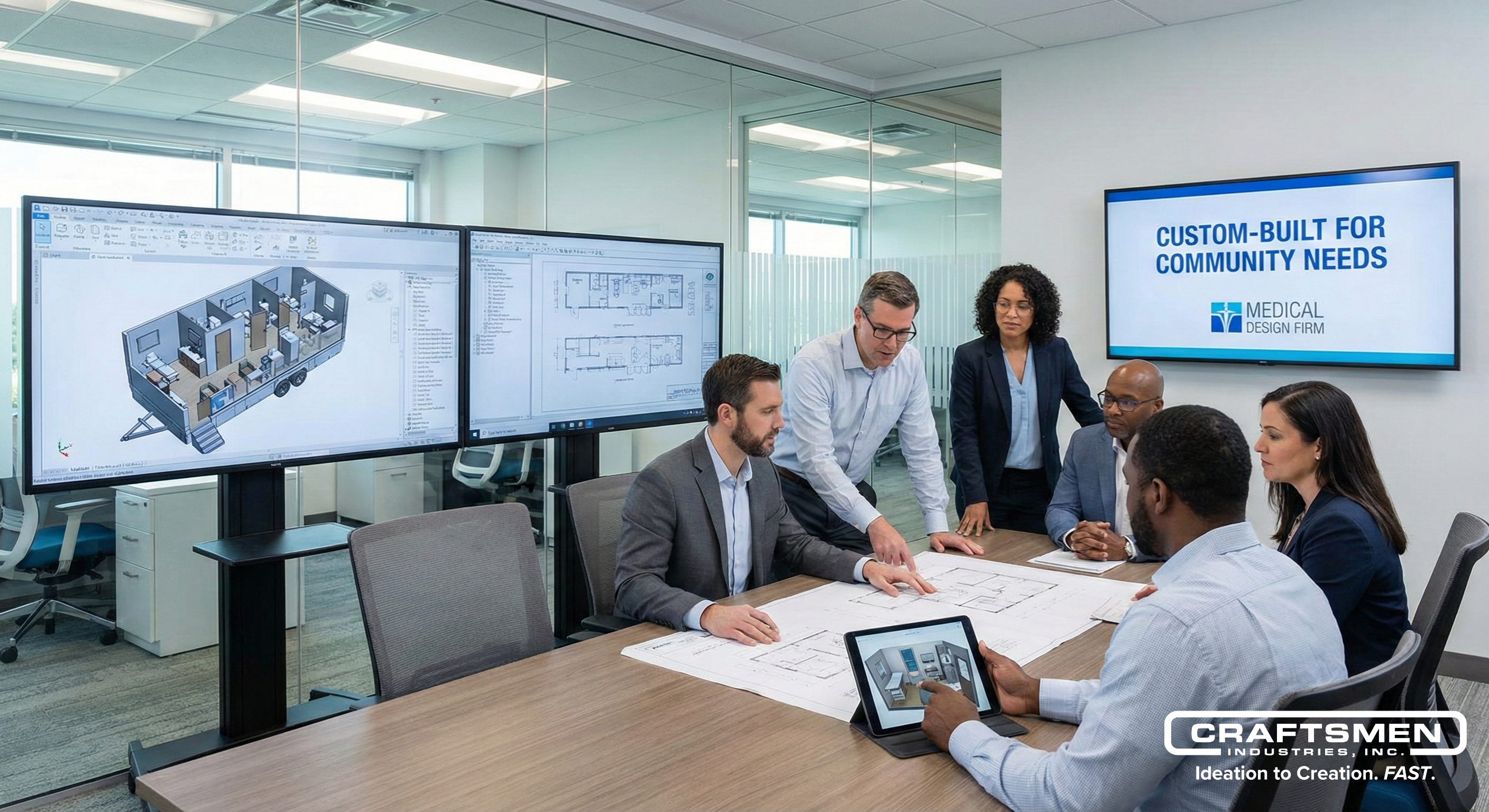 Blueprint rendering and team collaboration for custom mobile healthcare trailer design.