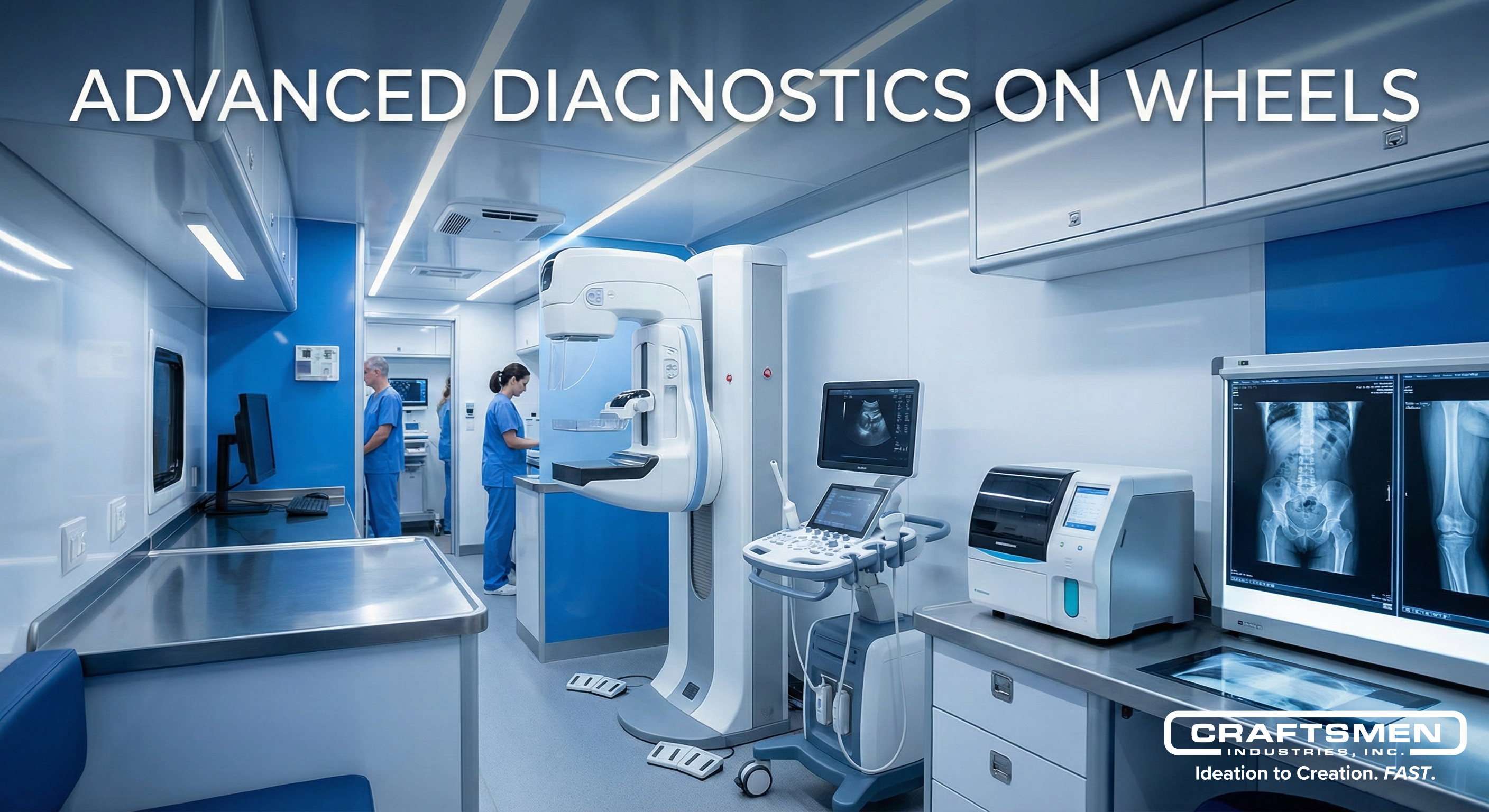 Diagnostic equipment including ultrasound and lab analyzer inside a mobile medical trailer.