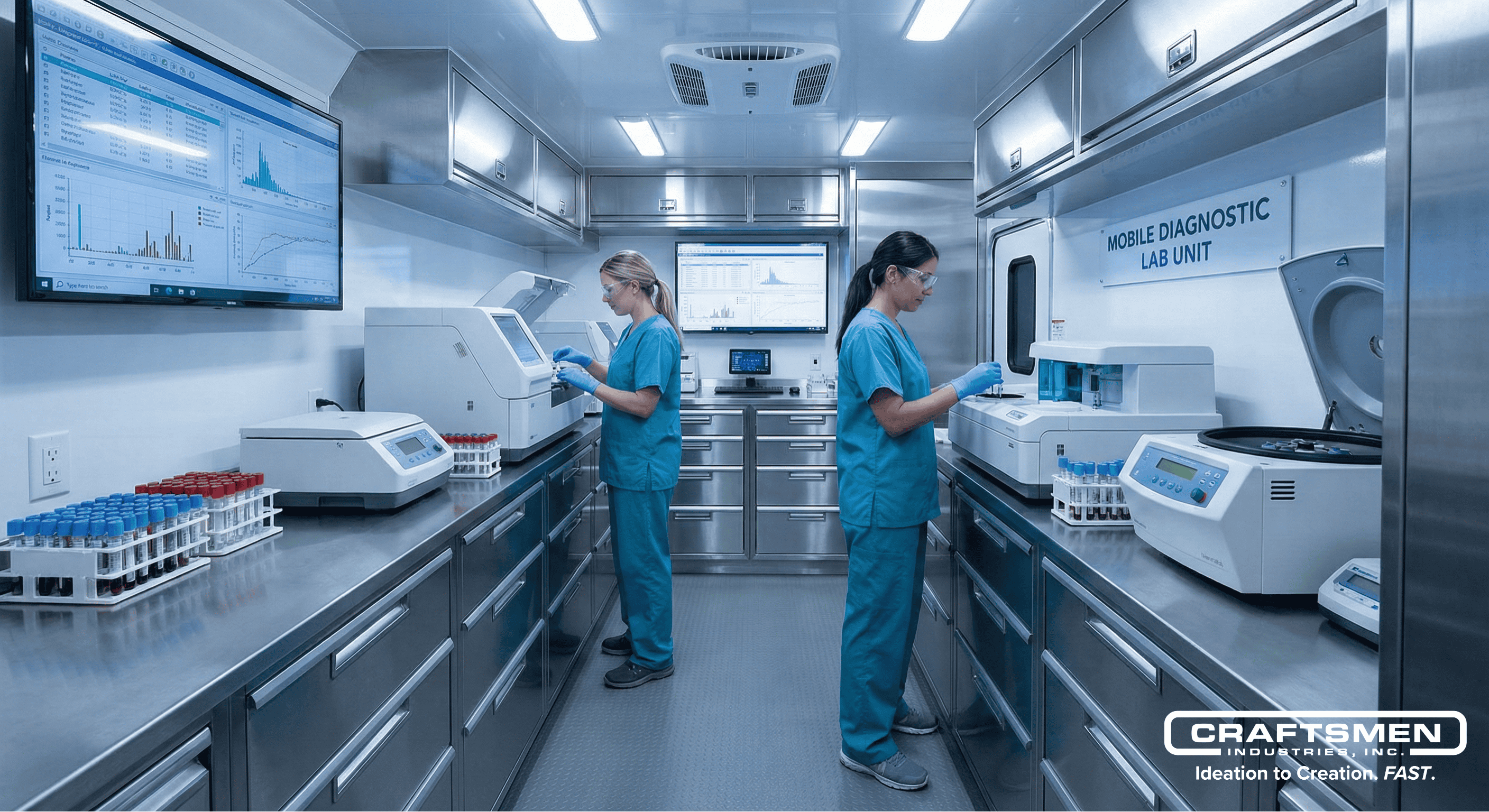 Inside view of a laboratory medical trailer with diagnostic equipment and staff